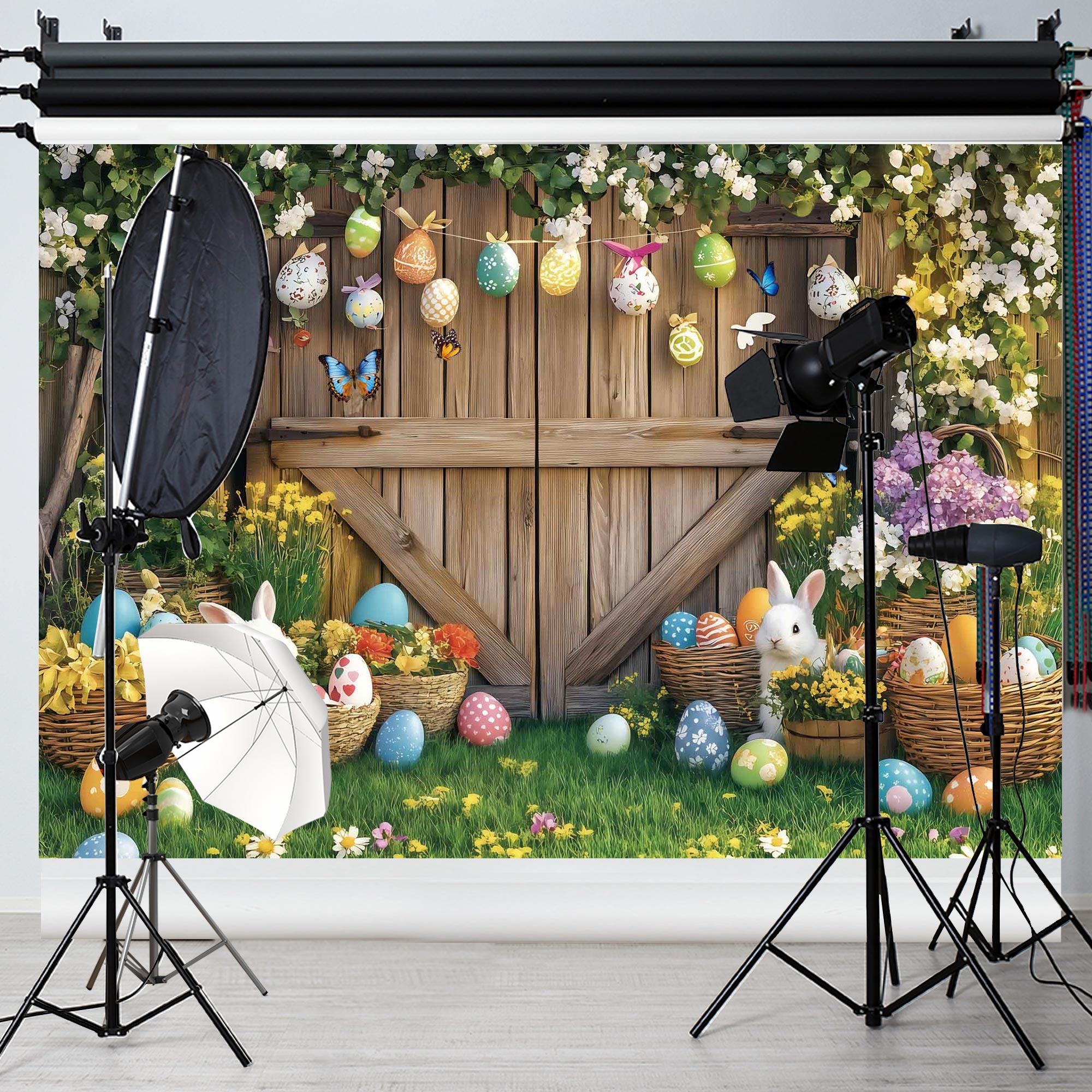 Easter Egg and Bunny Backdrop Spring Farm Banner Professional Photography Prop for Party Decorations