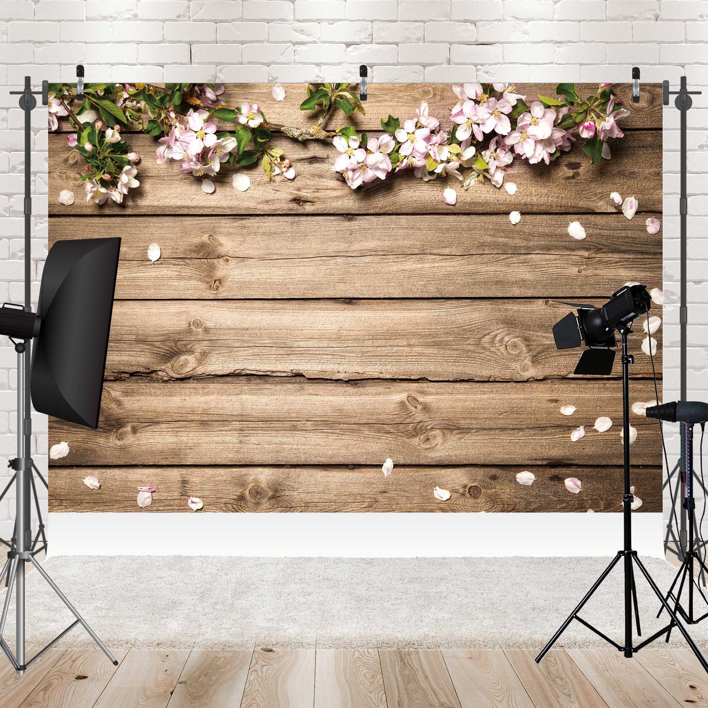 Floral Wooden Plank Wall Photography Backdrop for Spring Themed Parties and Banners