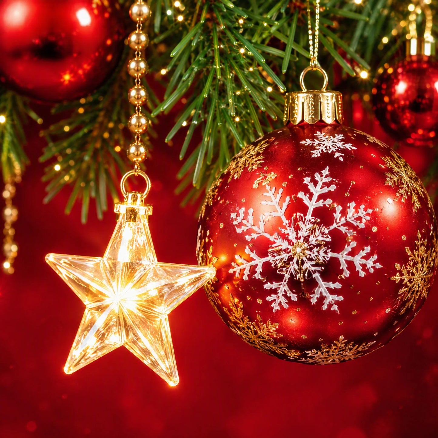 Red & Gold Christmas Ornaments Photo Backdrop - Classic Holiday | 3 Sizes