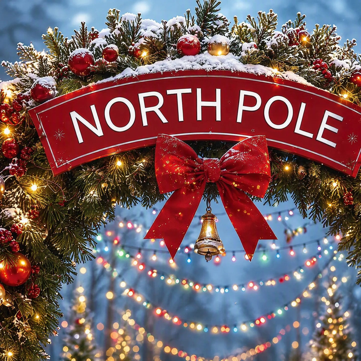 North Pole Night Photo Backdrop - Christmas Archway Scene | 3 Sizes