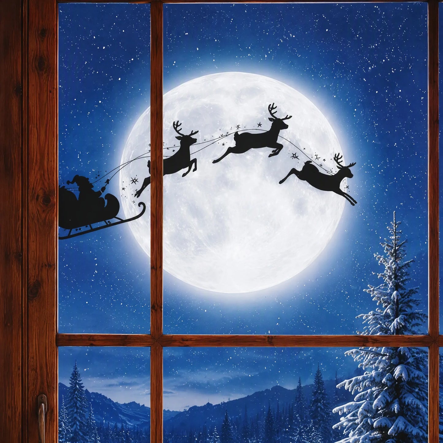 Cozy Cabin with Santa Sleigh Photo Backdrop - Christmas Window Scene | 3 Sizes