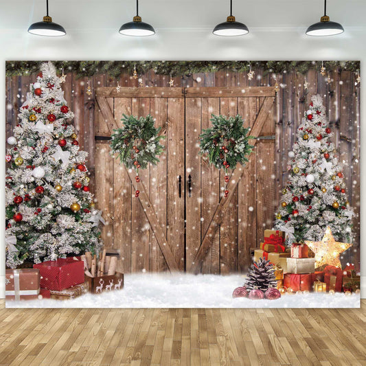 Winter Christmas Wondarland Rustic Wood Door Photography Backdrop for Party Decorations
