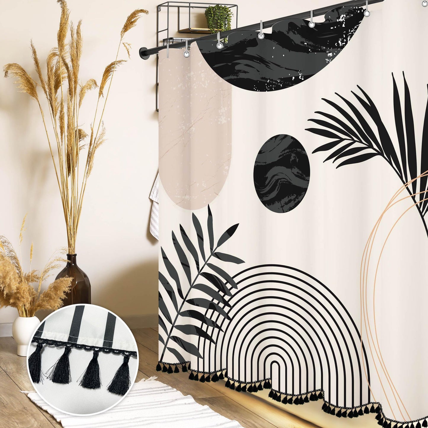 Boho Mid Century Leaf Shower Curtain Set,Arch Sun Design,Minimalistic Leaves Pattern,Waterproof and Luxurious Fabric-12 Hooks(复制)