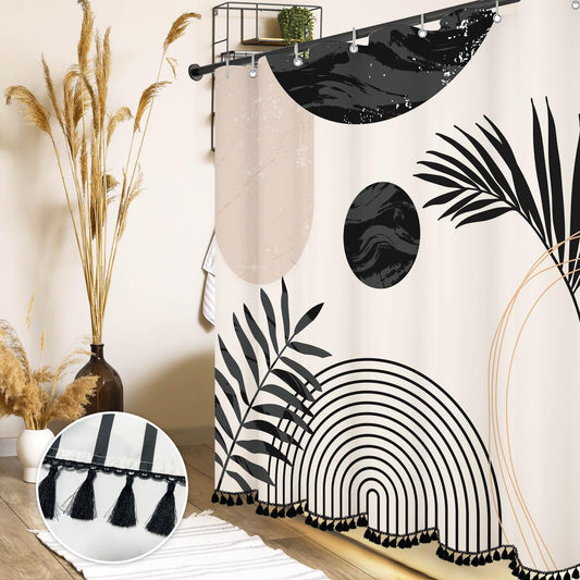 Boho Mid Century Leaf Shower Curtain Set,Arch Sun Design,Minimalistic Leaves Pattern,Waterproof and Luxurious Fabric-12 Hooks