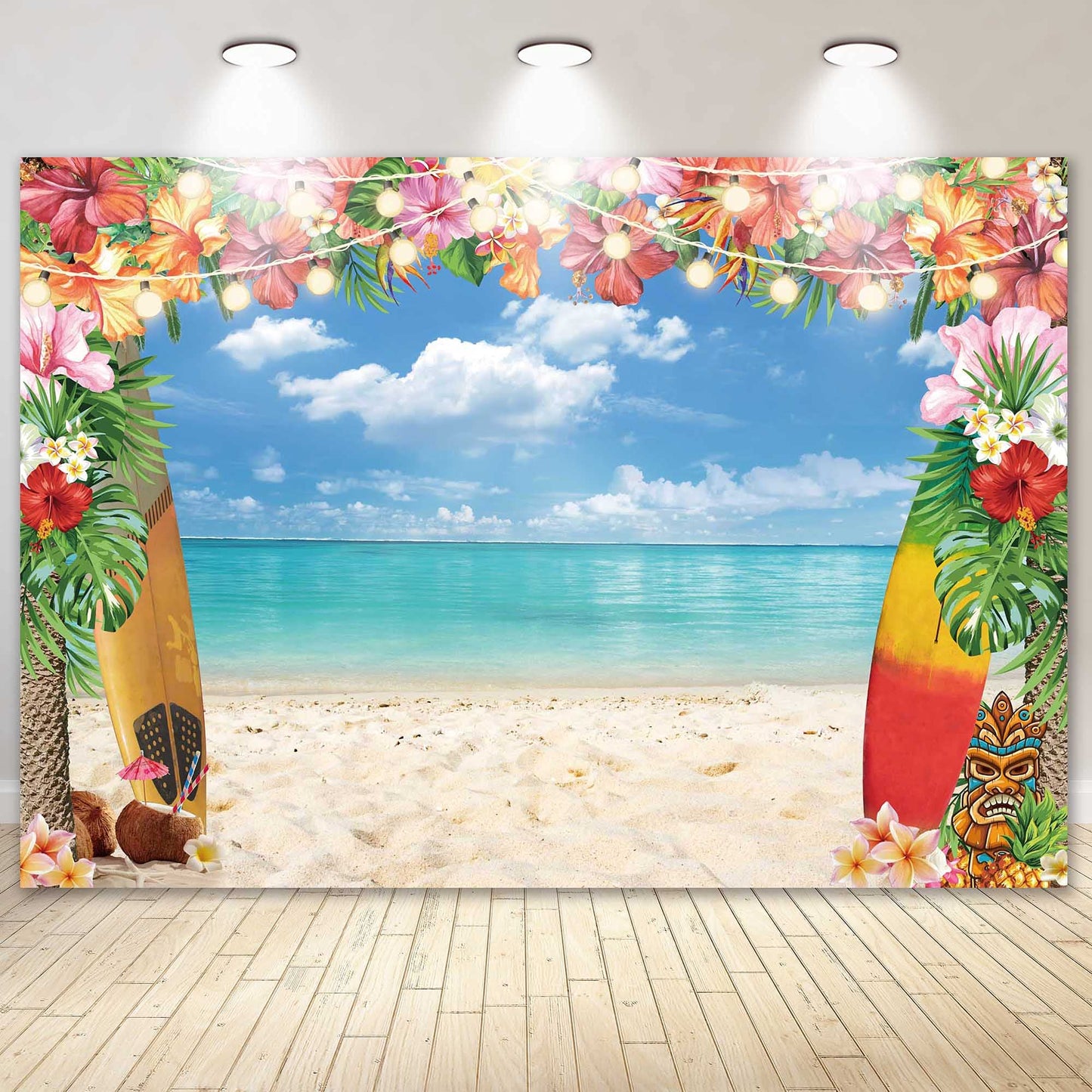 Summer Hawaiian Beach Backdrop for Photography Tropical Flower Luau Hawaiian Party Decorations Aloha Blue Sky Ocean Palm Leaves Background Supplies Photoshoot