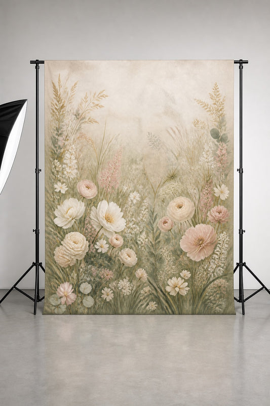 Ivory Floral Meadow Wedding Photo Backdrop | 3 Sizes