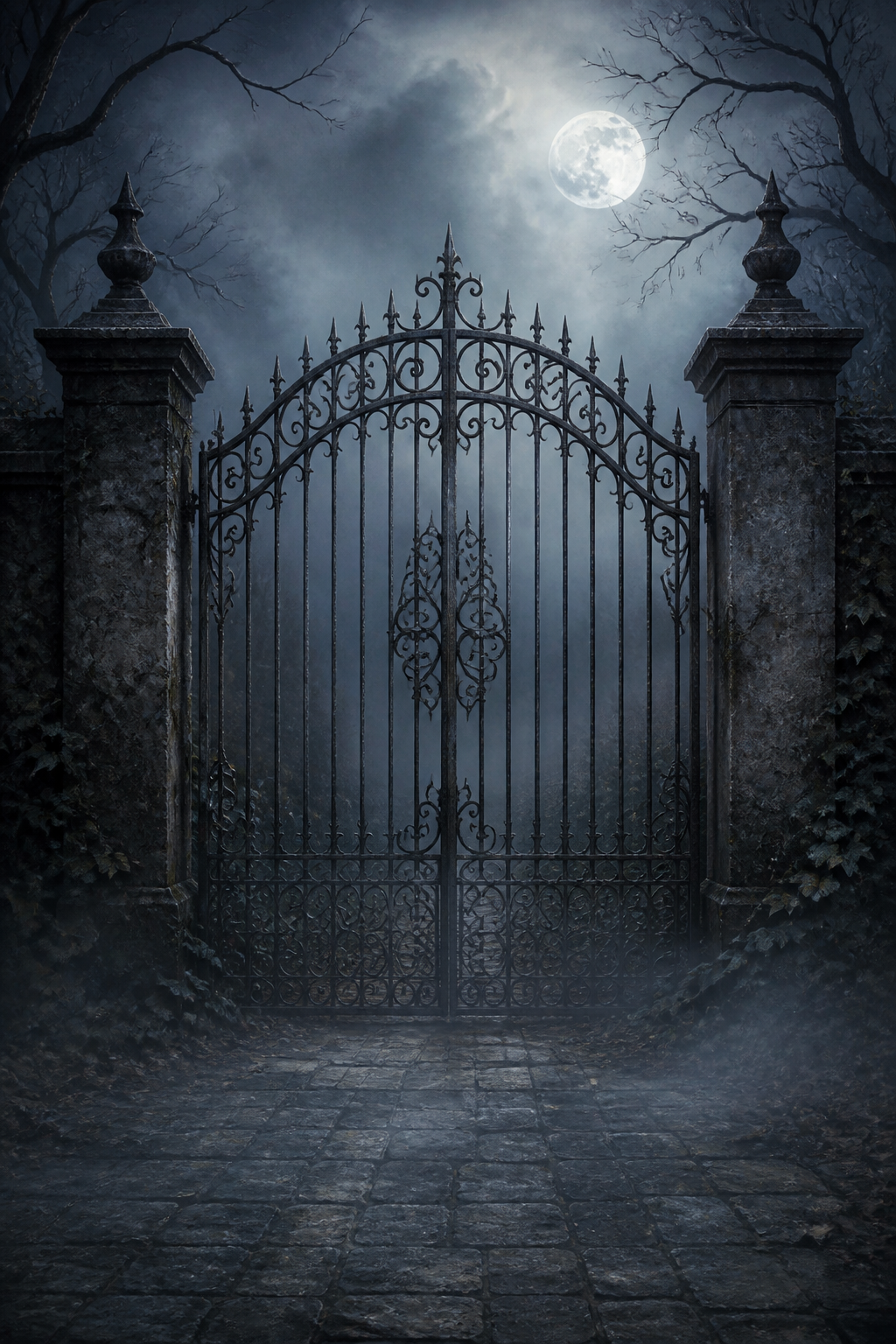 Moonlit Iron Gate Halloween Photography Backdrop