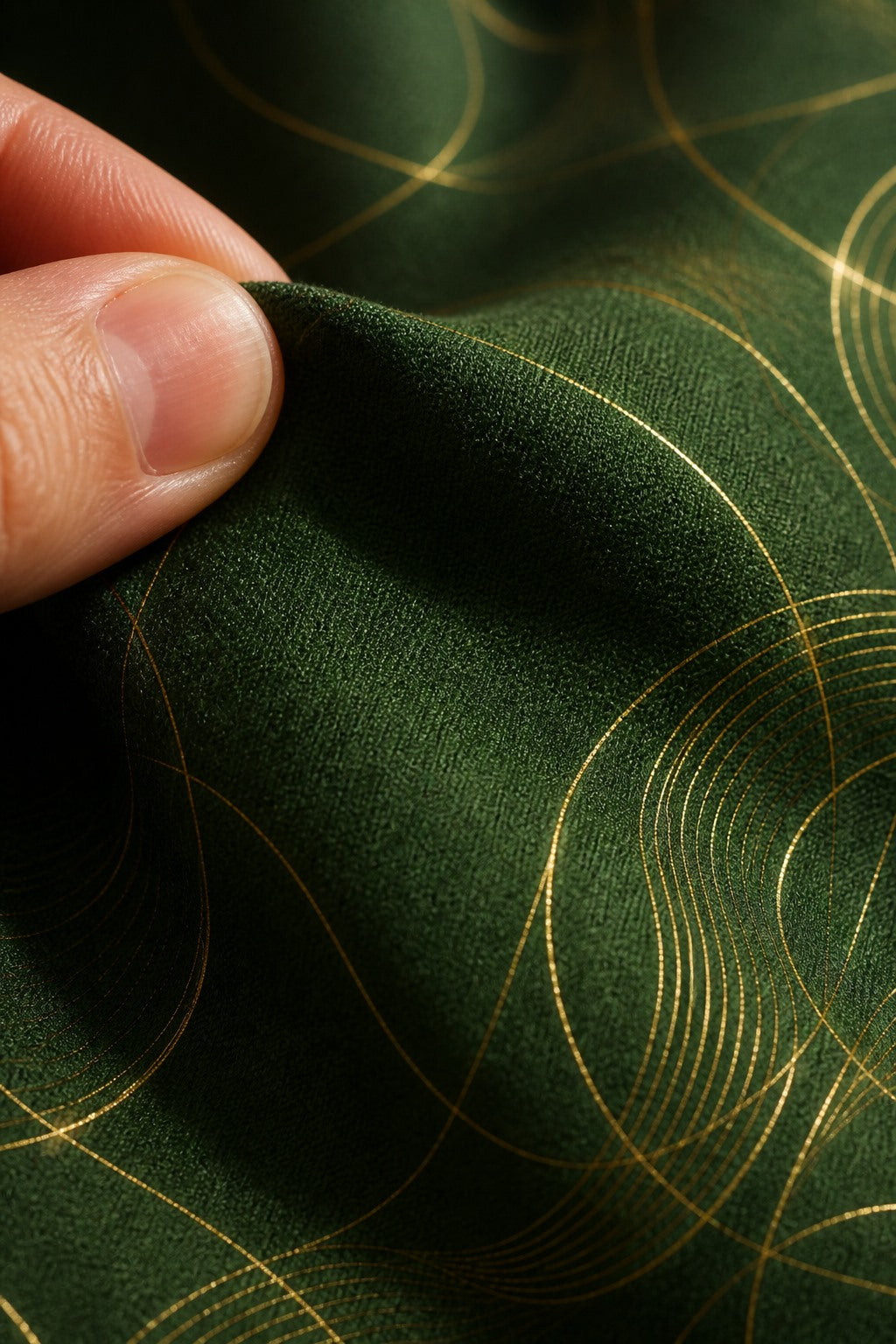 Close-up of the short-pile wrinkle-resistant fabric texture of the Deep Green Gold Arc photography backdrop, held at the corner