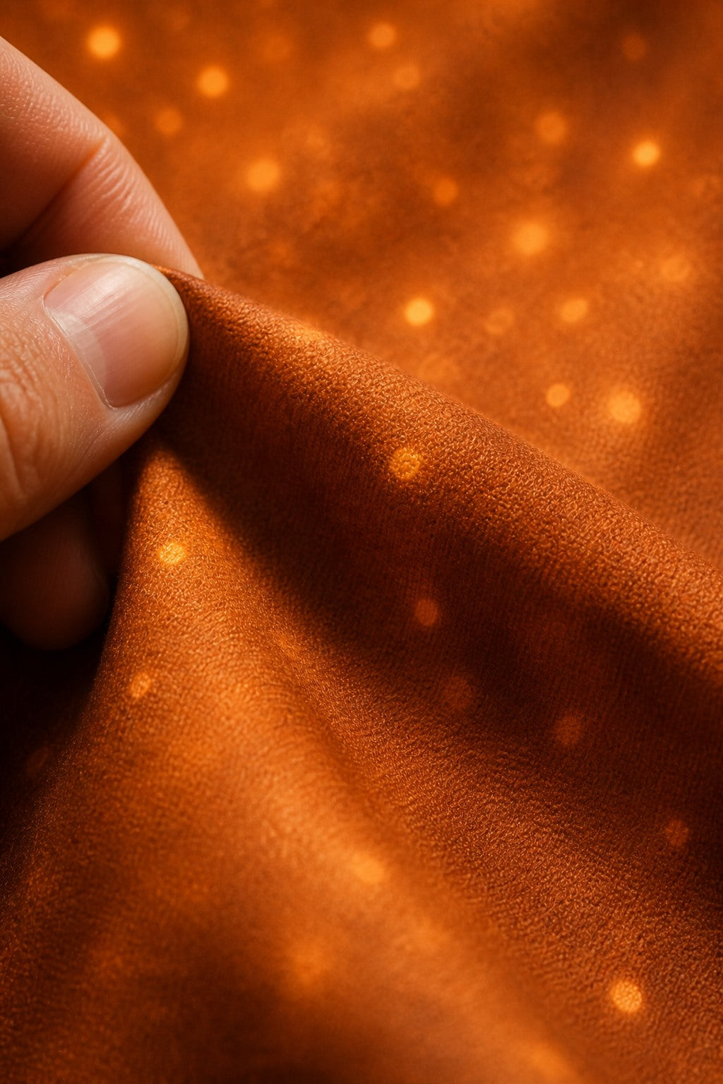 Close-up of the short-pile wrinkle-resistant fabric texture of the Fireplace Ember Glow photography backdrop, held at the corner