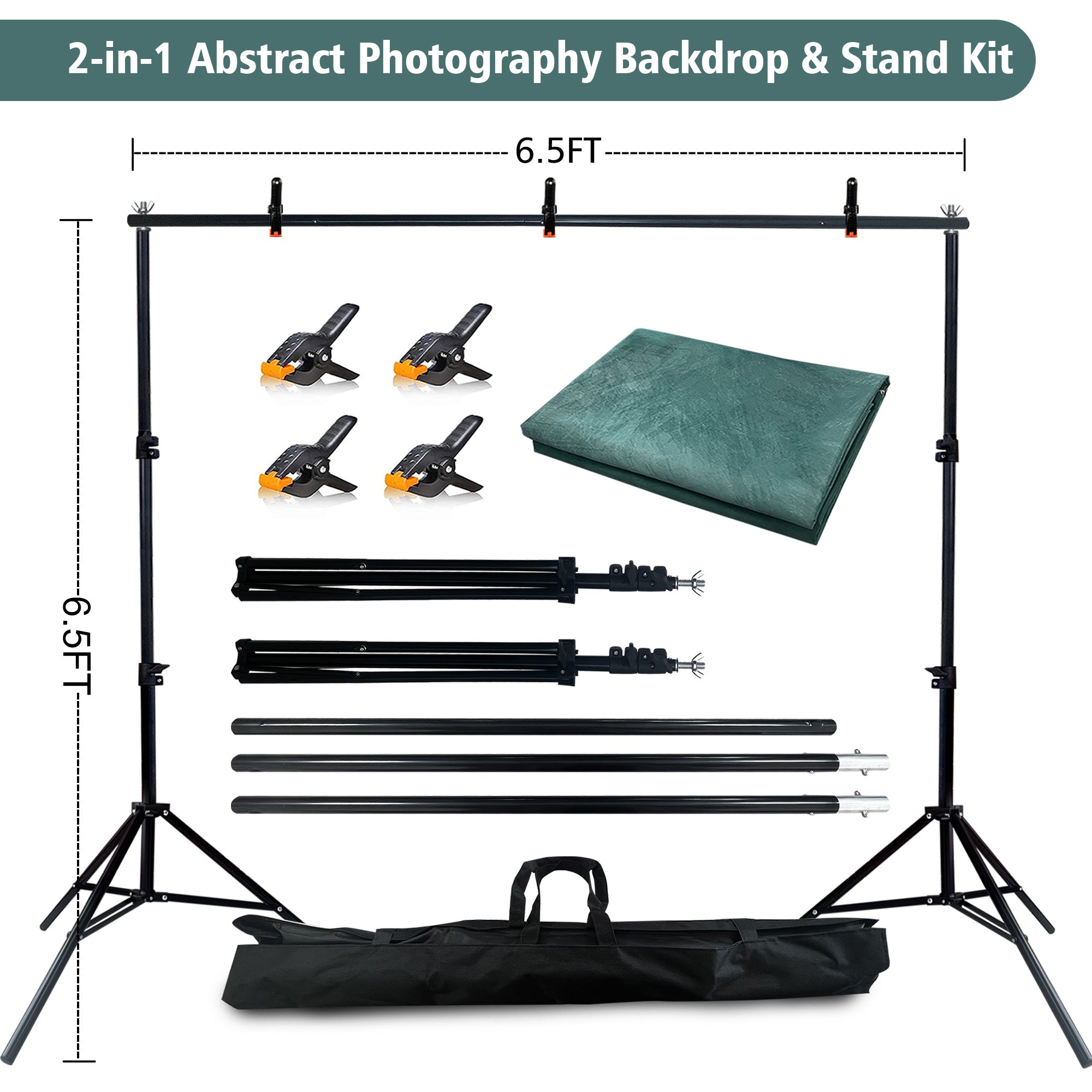 2-in-1 Abstract Photography Backdrop Kit - 6.5x6.5 ft Portable Dual Rod Stand with 6x8 ft Polyester Fabric Backdrop for Portraits and Photo Props - Roller Pocket Design（6x8ft,Light Green）