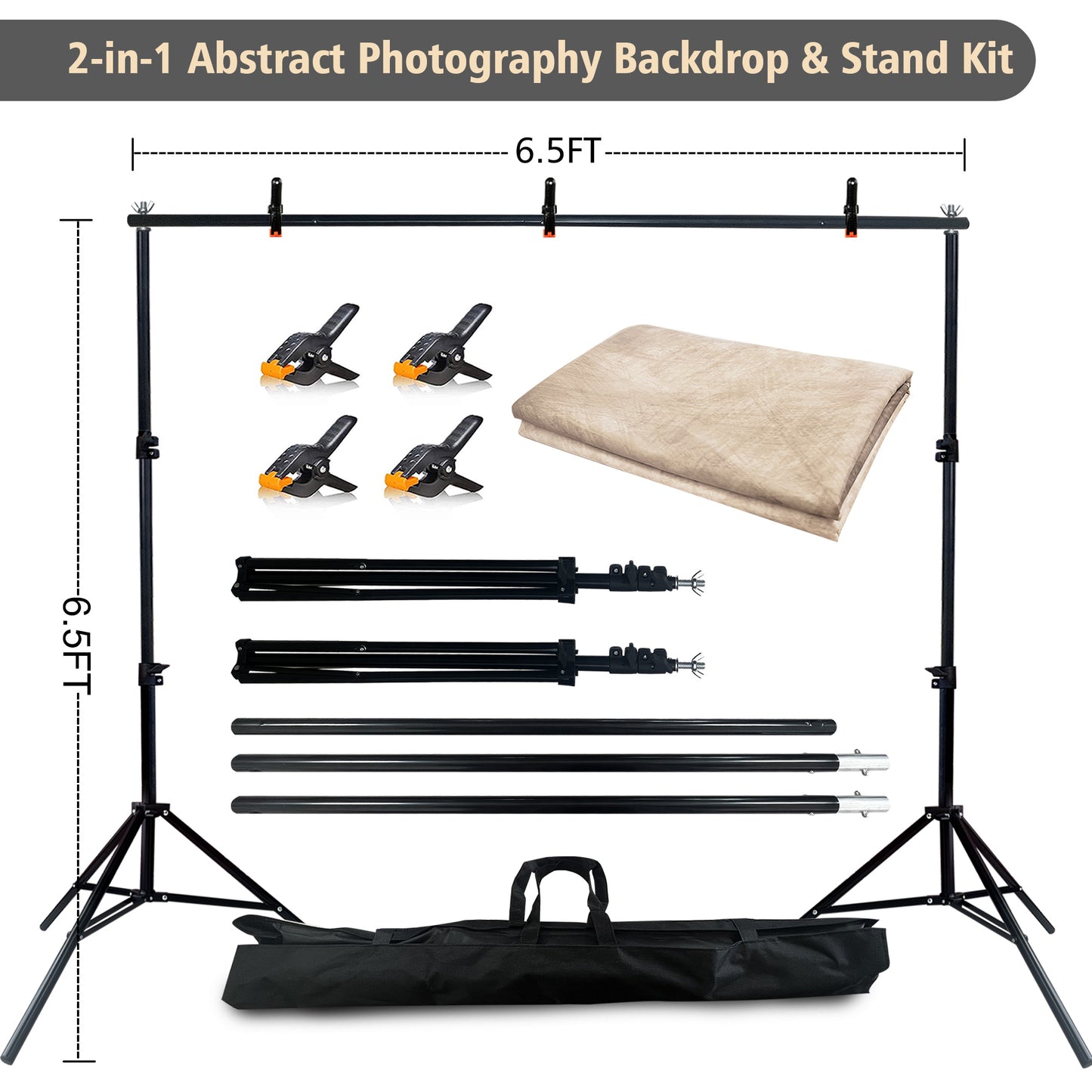 2-in-1 Abstract Photography Backdrop Stand Kit - 6.5x6.5 ft Portable Dual Rod Stand with 6x8 ft Polyester Fabric Backdrop for Portraits and Photo Props - Roller Pocket Design（6x8ft,Beige）
