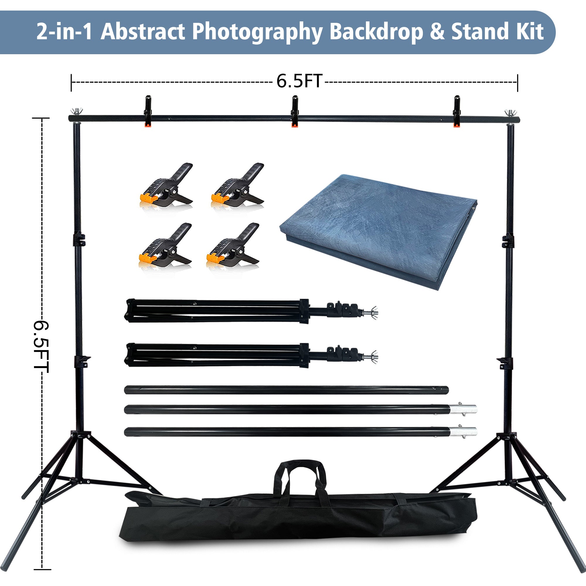 2-in-1 Abstract Photography Backdrop Kit - 6.5x6.5 ft Portable Dual Rod Stand with 6x8 ft Polyester Fabric Backdrop for Portraits and Photo Props - Roller Pocket Design（6x8ft,Light Blue）