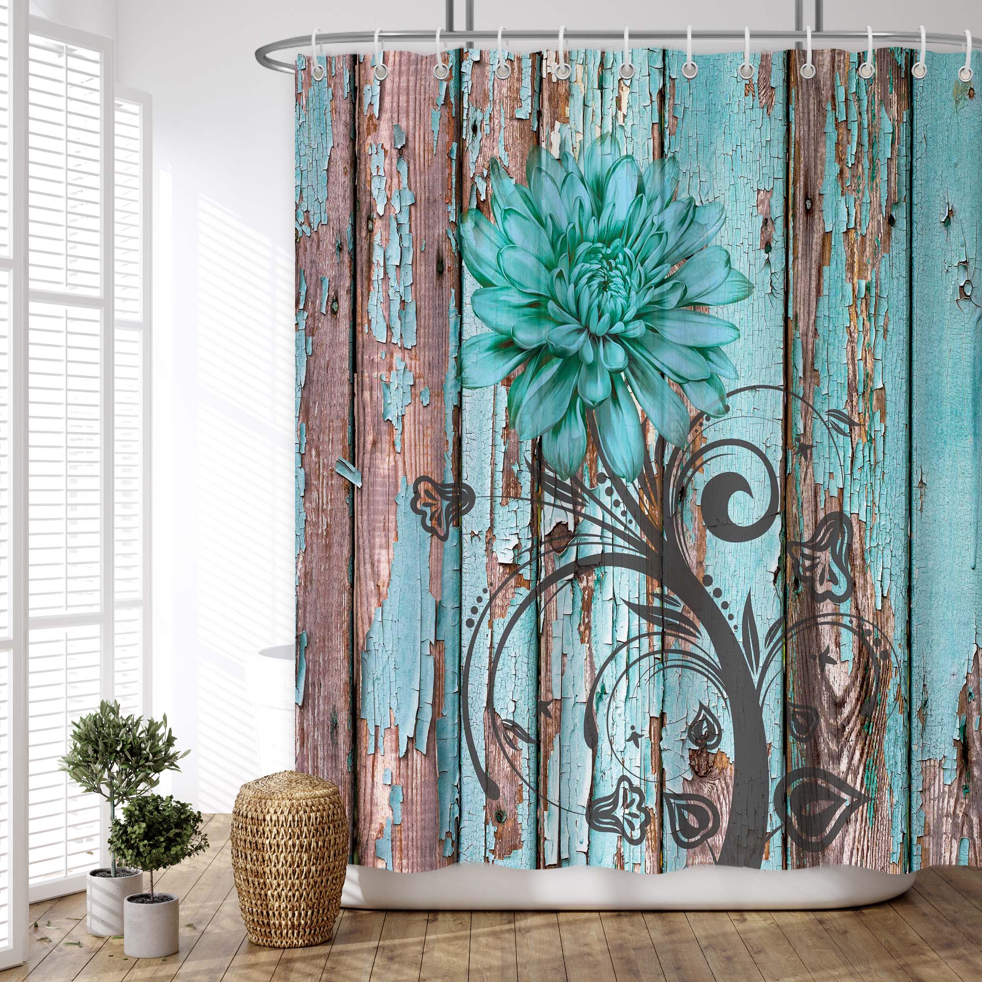 Retro nostalgic style Pattern Shower Curtain Set ,Waterproof and Luxurious Fabric-12 Hooks