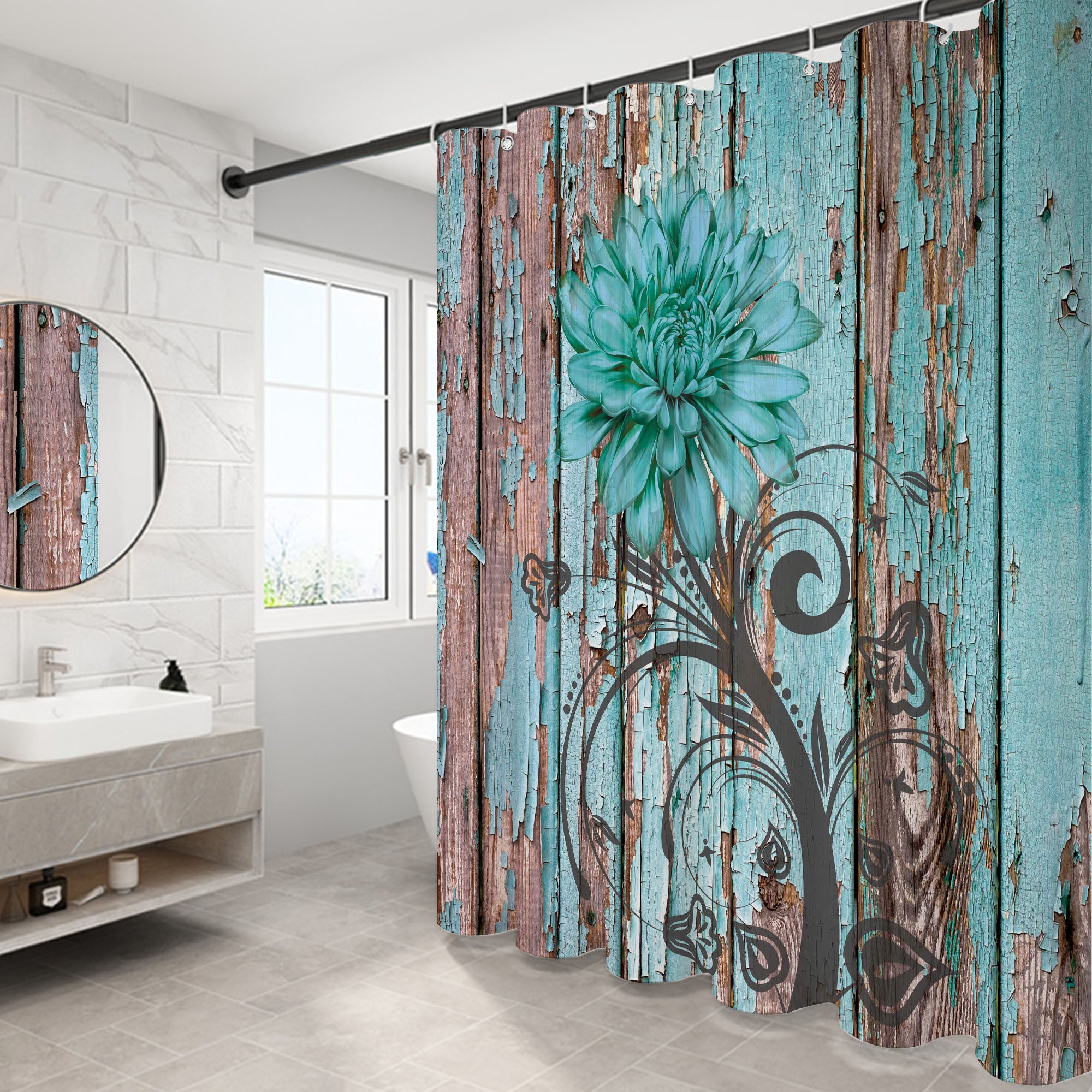 Retro nostalgic style Pattern Shower Curtain Set ,Waterproof and Luxurious Fabric-12 Hooks