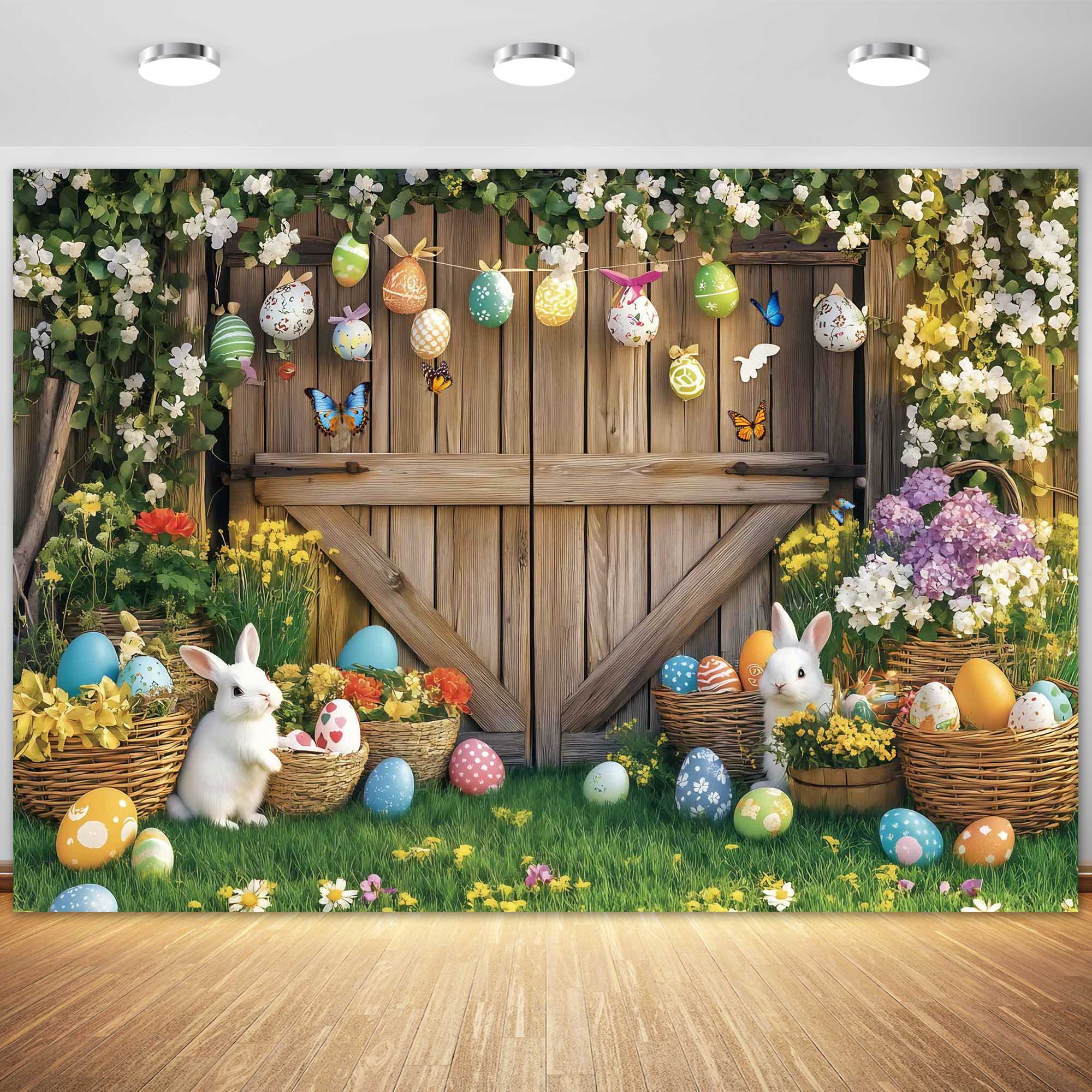 Easter Egg and Bunny Backdrop Spring Farm Banner Professional Photography Prop for Party Decorations