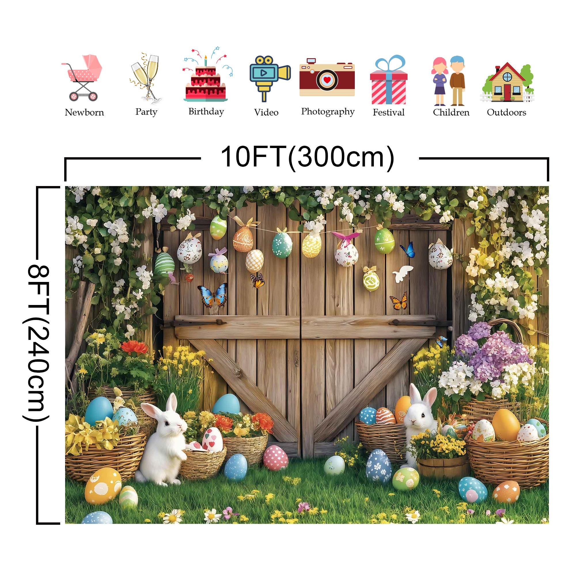 Easter Egg and Bunny Backdrop Spring Farm Banner Professional Photography Prop for Party Decorations