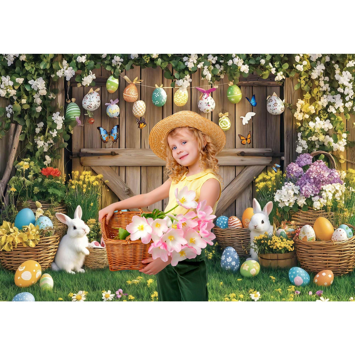 Easter Egg and Bunny Backdrop Spring Farm Banner Professional Photography Prop for Party Decorations
