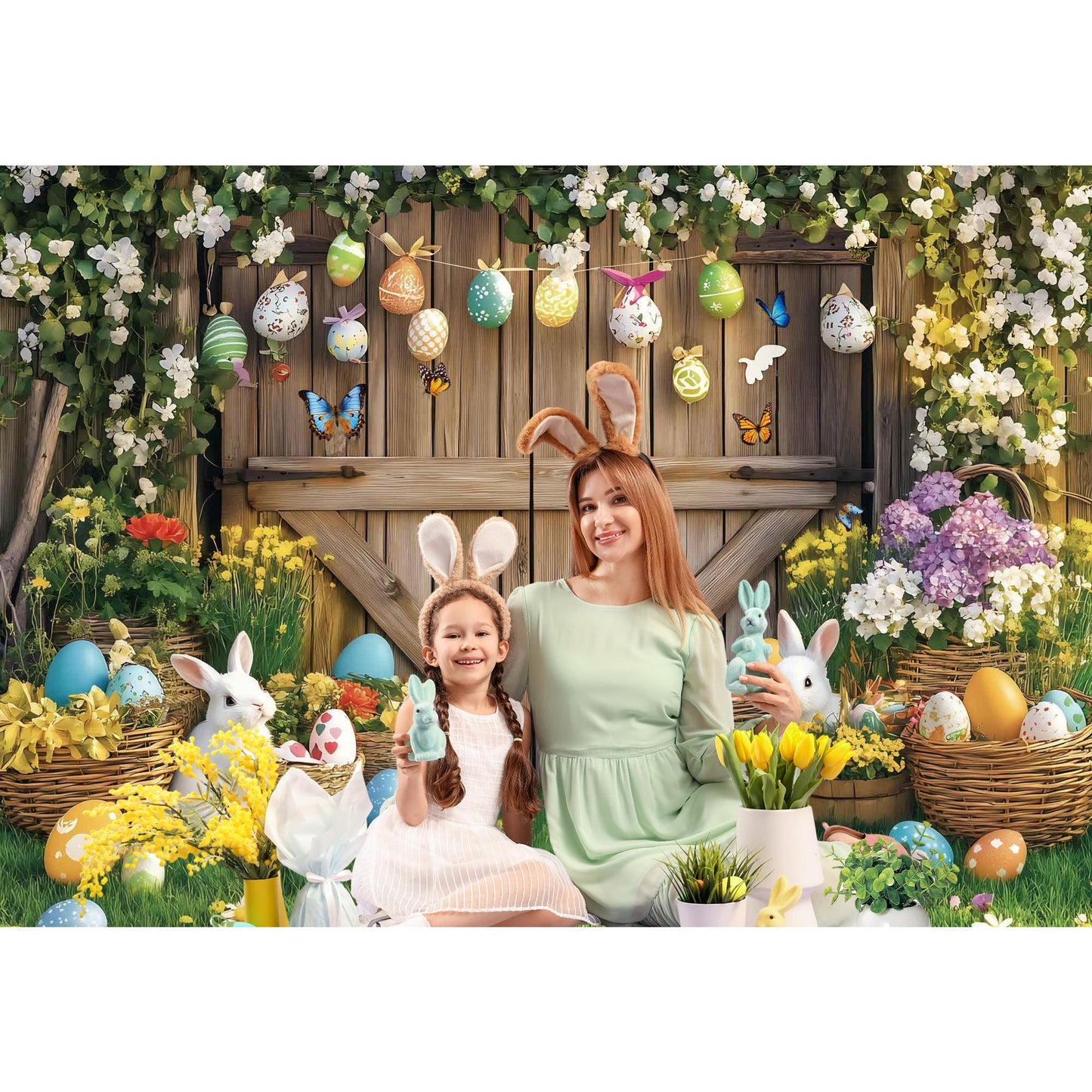 Easter Egg and Bunny Backdrop Spring Farm Banner Professional Photography Prop for Party Decorations