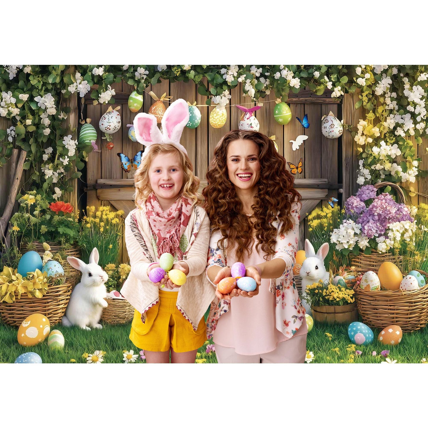 Easter Egg and Bunny Backdrop Spring Farm Banner Professional Photography Prop for Party Decorations