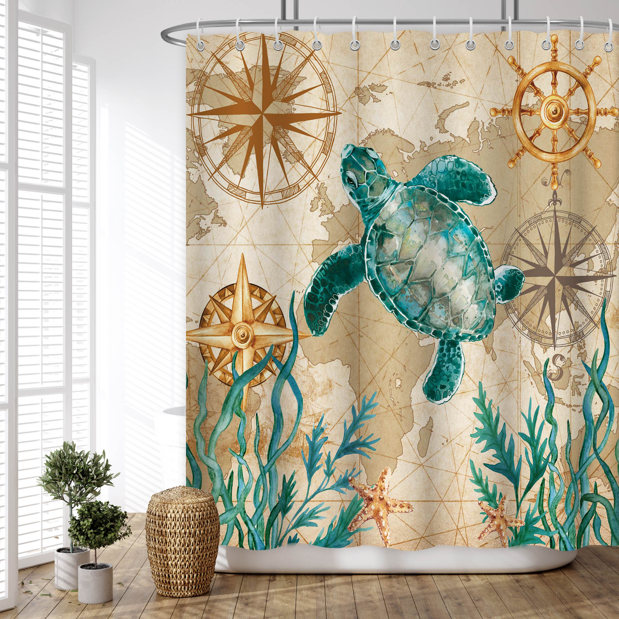 Retro turtle Pattern Shower Curtain Set ,Waterproof and Luxurious Fabric-12 Hooks