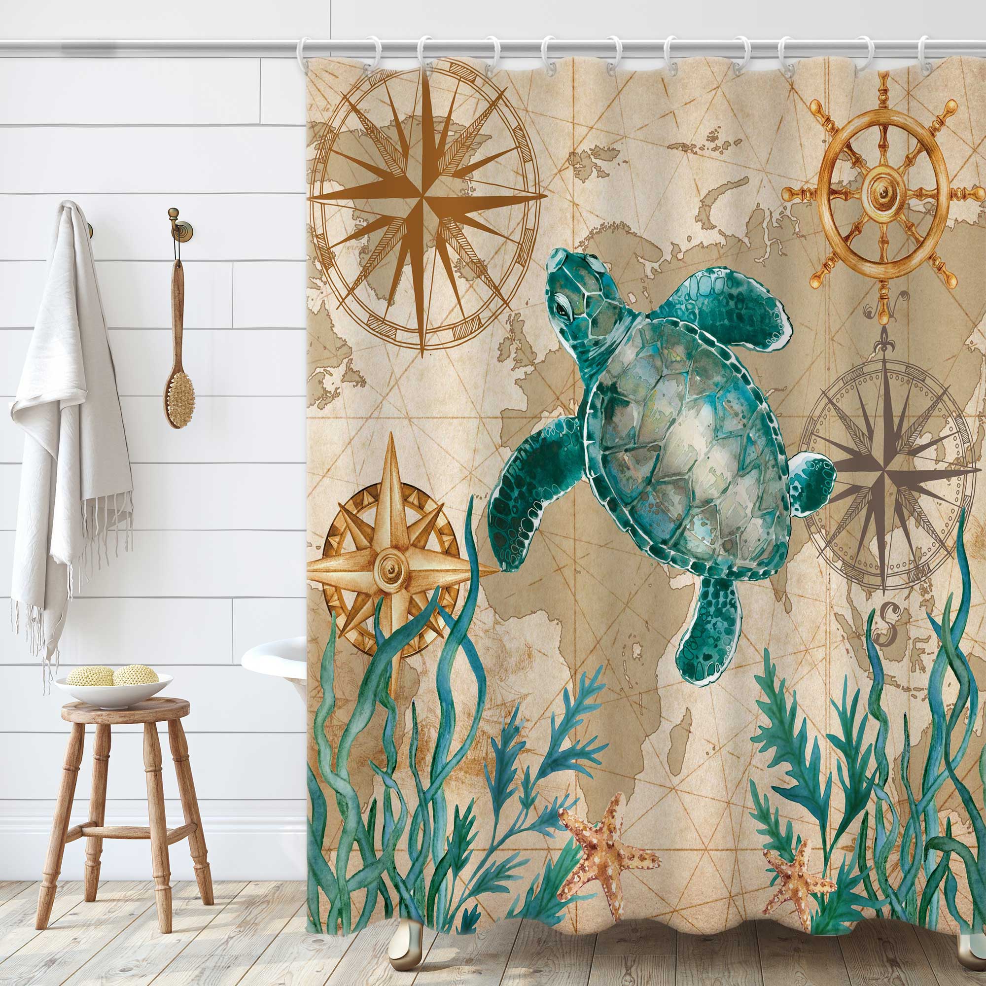 Retro turtle Pattern Shower Curtain Set ,Waterproof and Luxurious Fabric-12 Hooks
