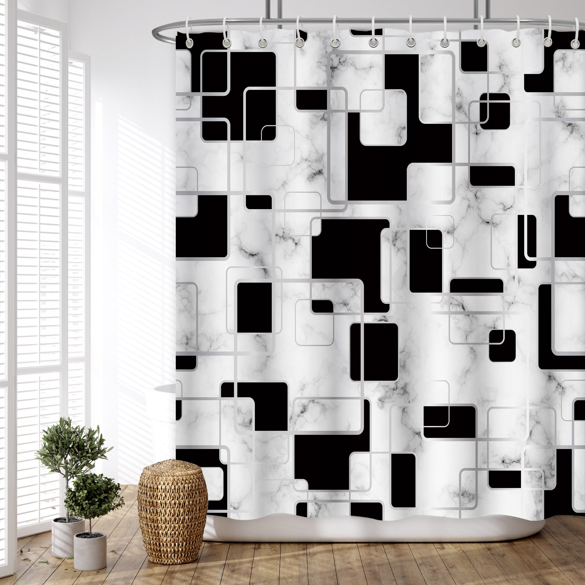 Geometric black and white squares Pattern Shower Curtain Set ,Waterproof and Luxurious Fabric-12 Hooks