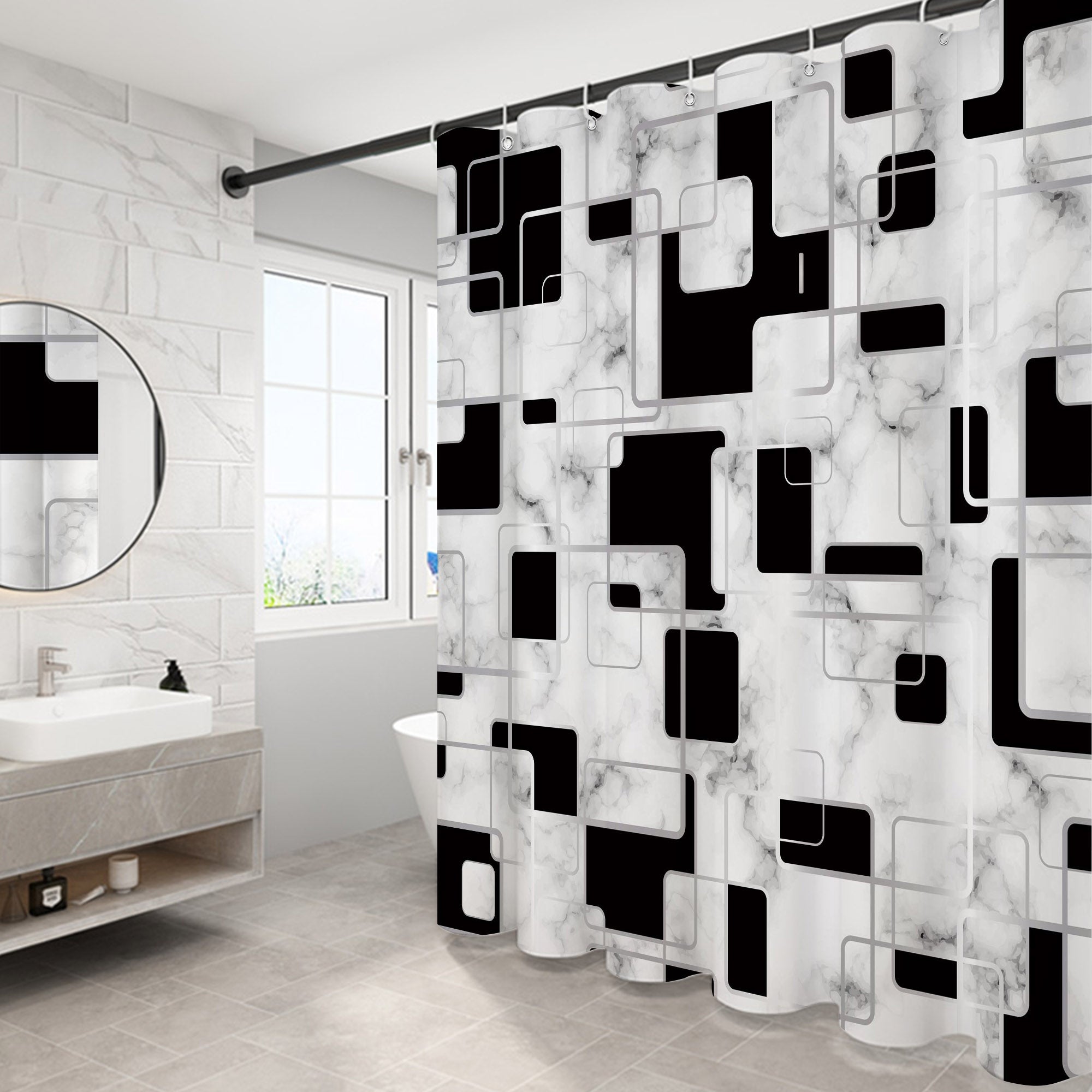 Geometric black and white squares Pattern Shower Curtain Set ,Waterproof and Luxurious Fabric-12 Hooks