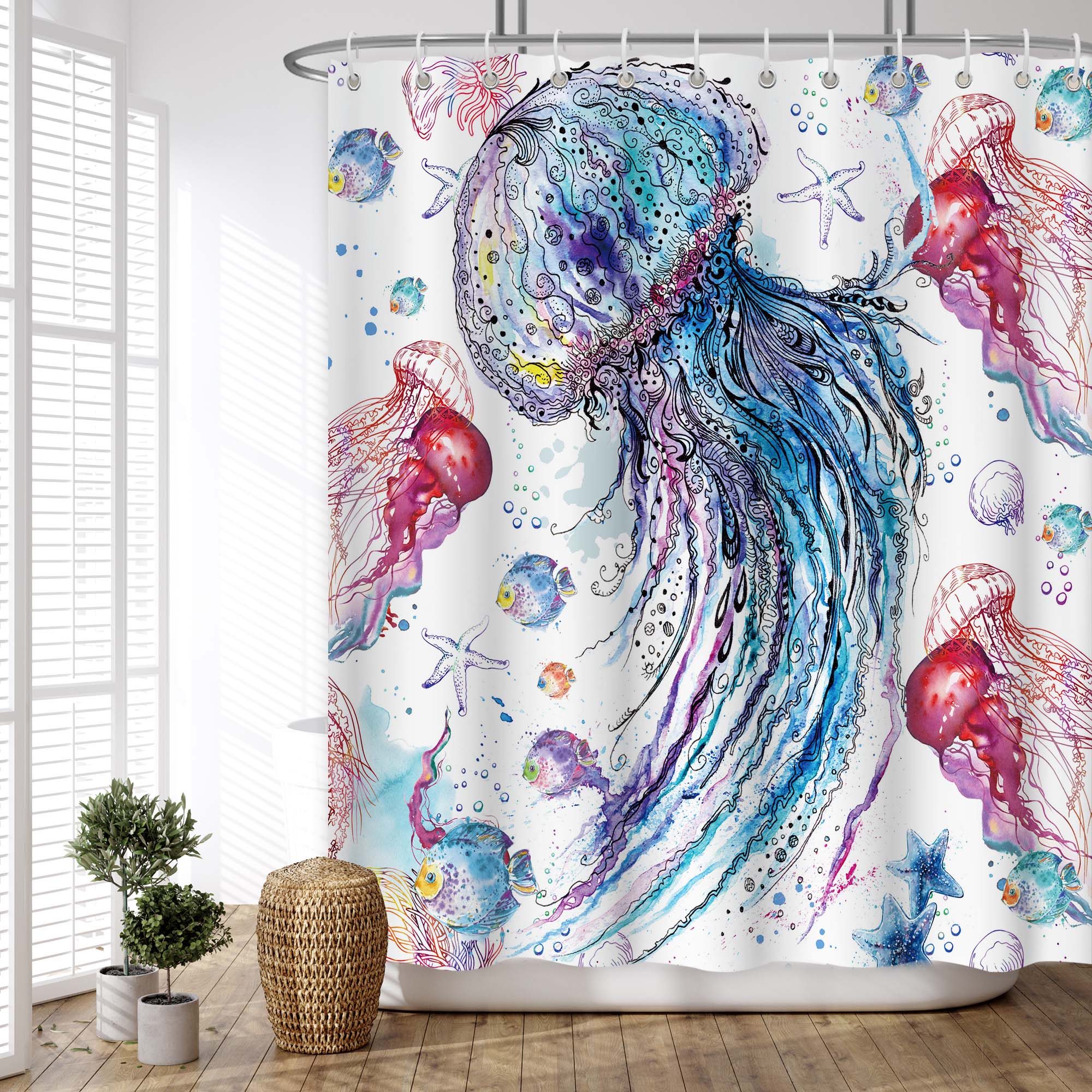 Fantasy Jellyfish Pattern Shower Curtain Set ,Waterproof and Luxurious Fabric-12 Hooks