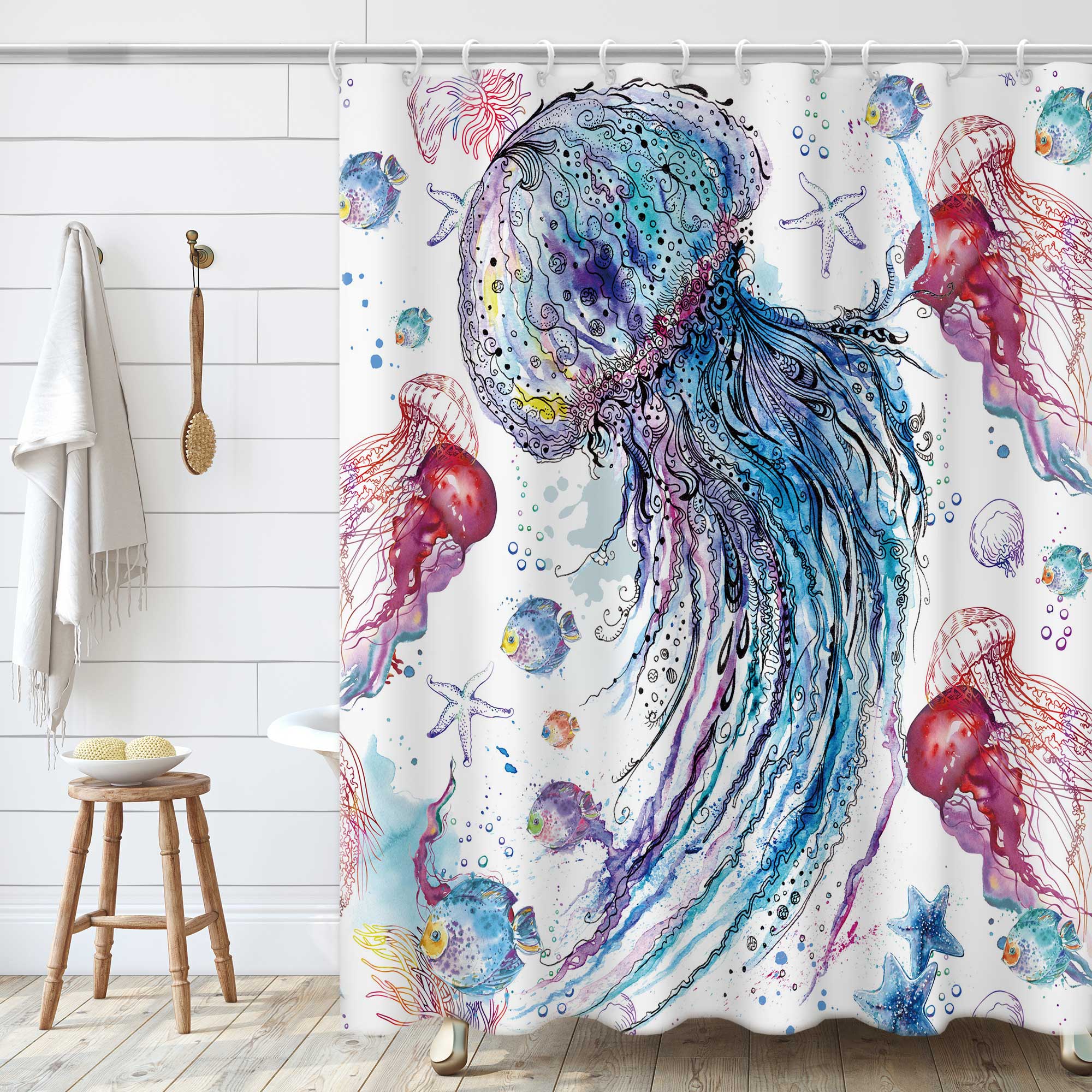 Fantasy Jellyfish Pattern Shower Curtain Set ,Waterproof and Luxurious Fabric-12 Hooks