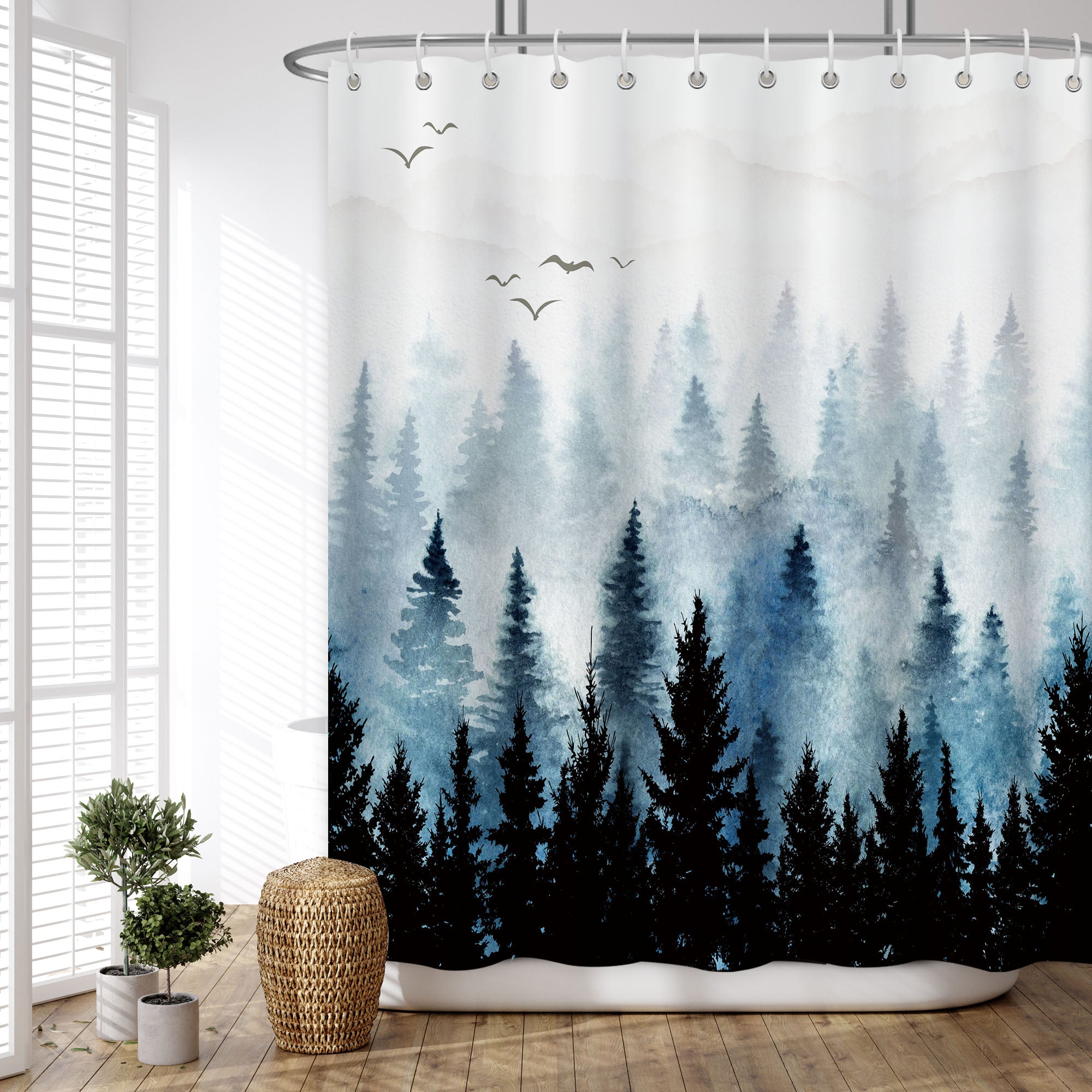 Ink Forest Pattern Shower Curtain Set ,Waterproof and Luxurious Fabric-12 Hooks