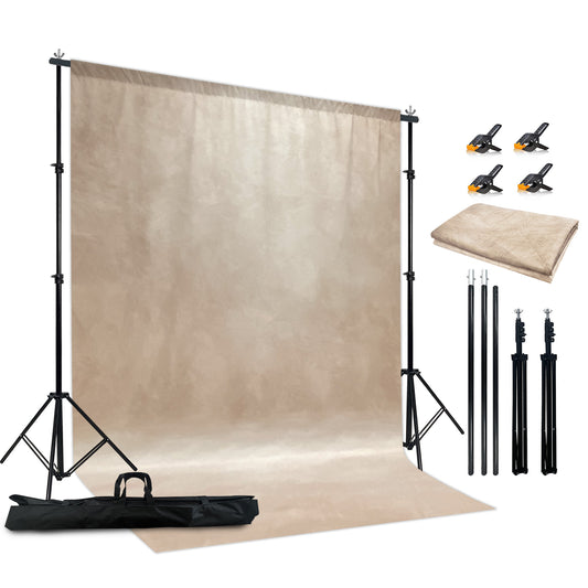 2-in-1 Abstract Photography Backdrop Stand Kit - 6.5x6.5 ft Portable Dual Rod Stand with 6x8 ft Polyester Fabric Backdrop for Portraits and Photo Props - Roller Pocket Design（6x8ft,Beige）