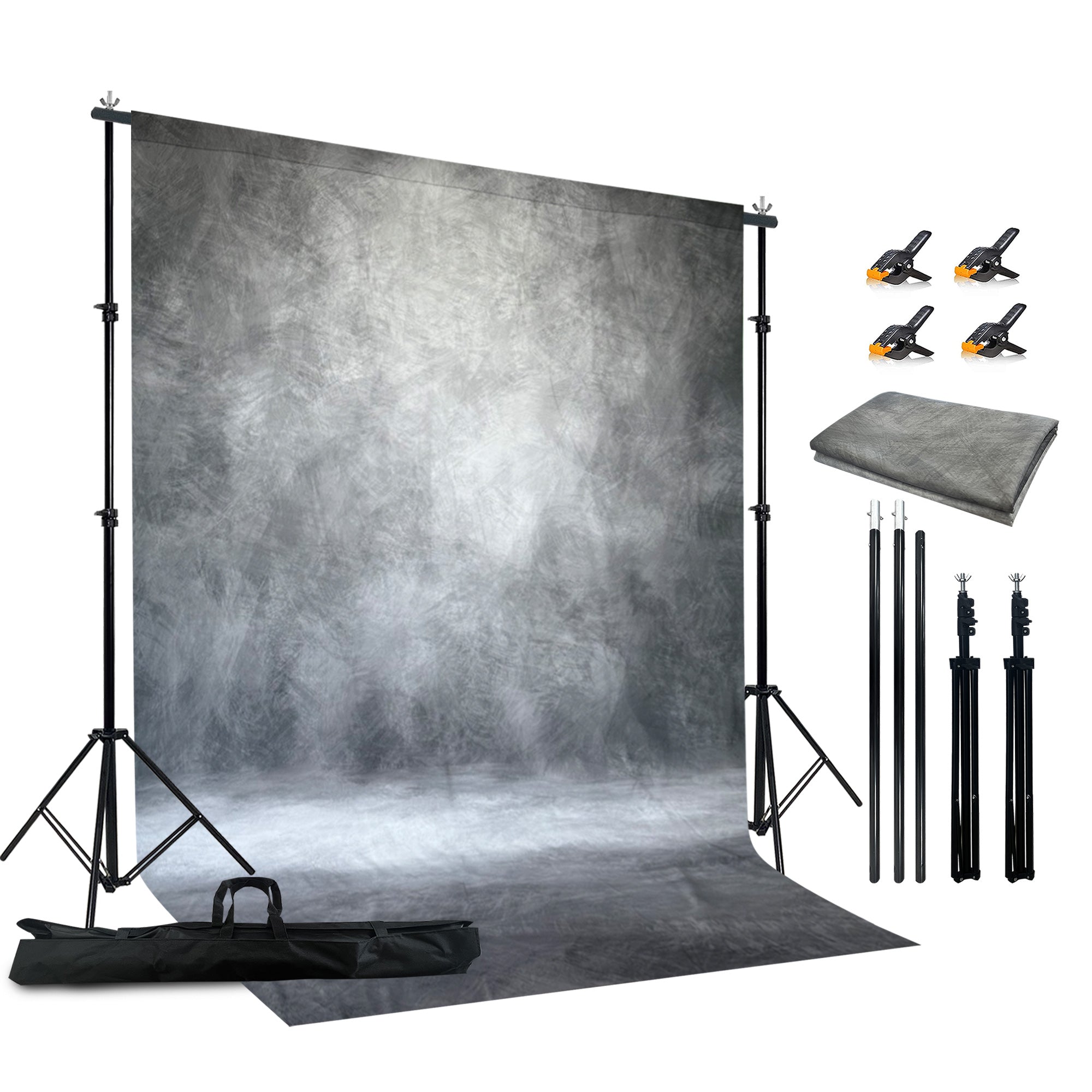 2-in-1 Abstract Photography Backdrop Stand Kit - 6.5x6.5 ft Portable Dual Rod Stand with 6x8 ft Polyester Fabric Backdrop for Portraits and Photo Props - Roller Pocket Design（6x8ft,Grey)