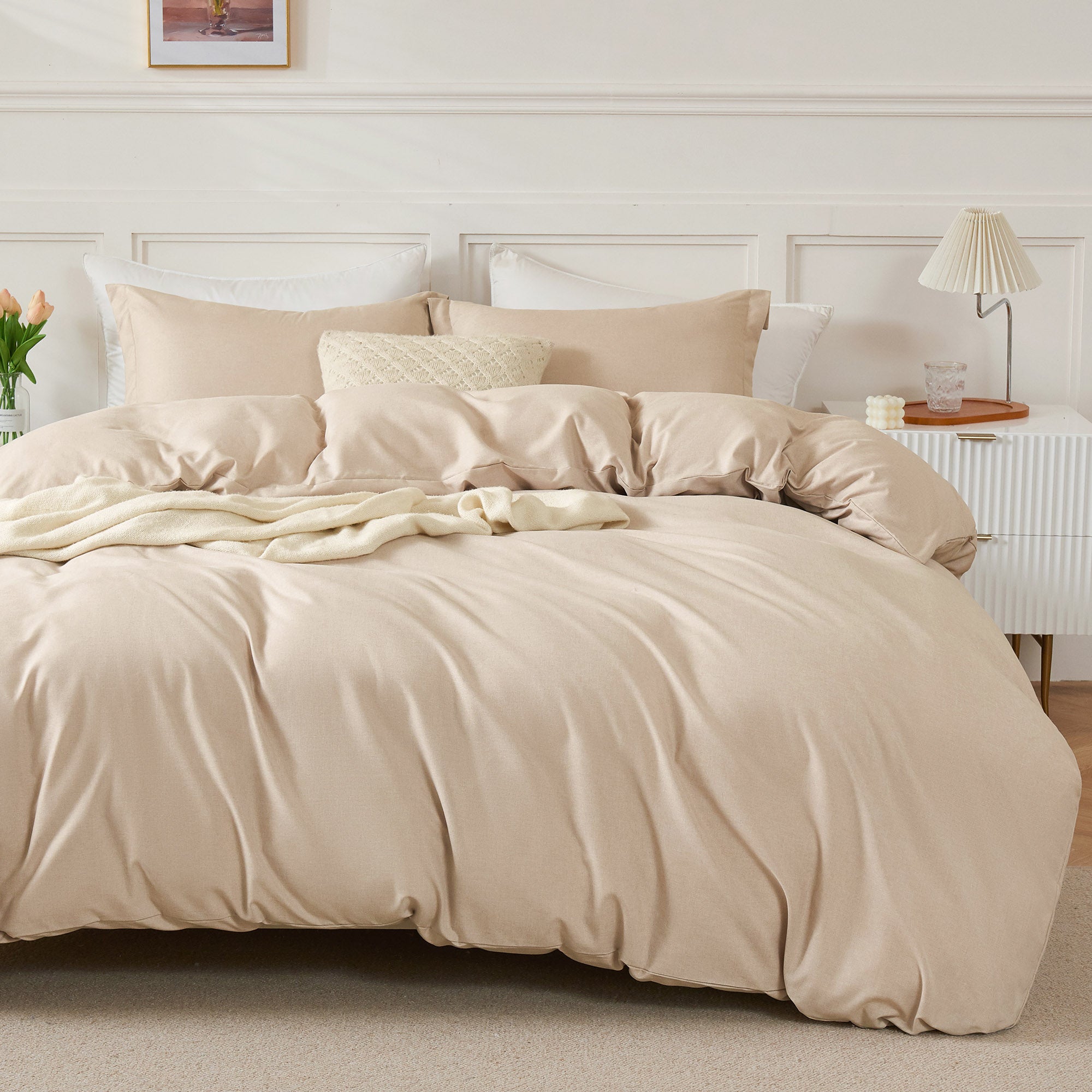 Premium Linen Textured Queen Size Duvet Cover Set - Bedding Sets 3 Pieces, Cream Beige,Thicker and Soft, with Zipper Closure and Corner Ties (Comforter Not Included)