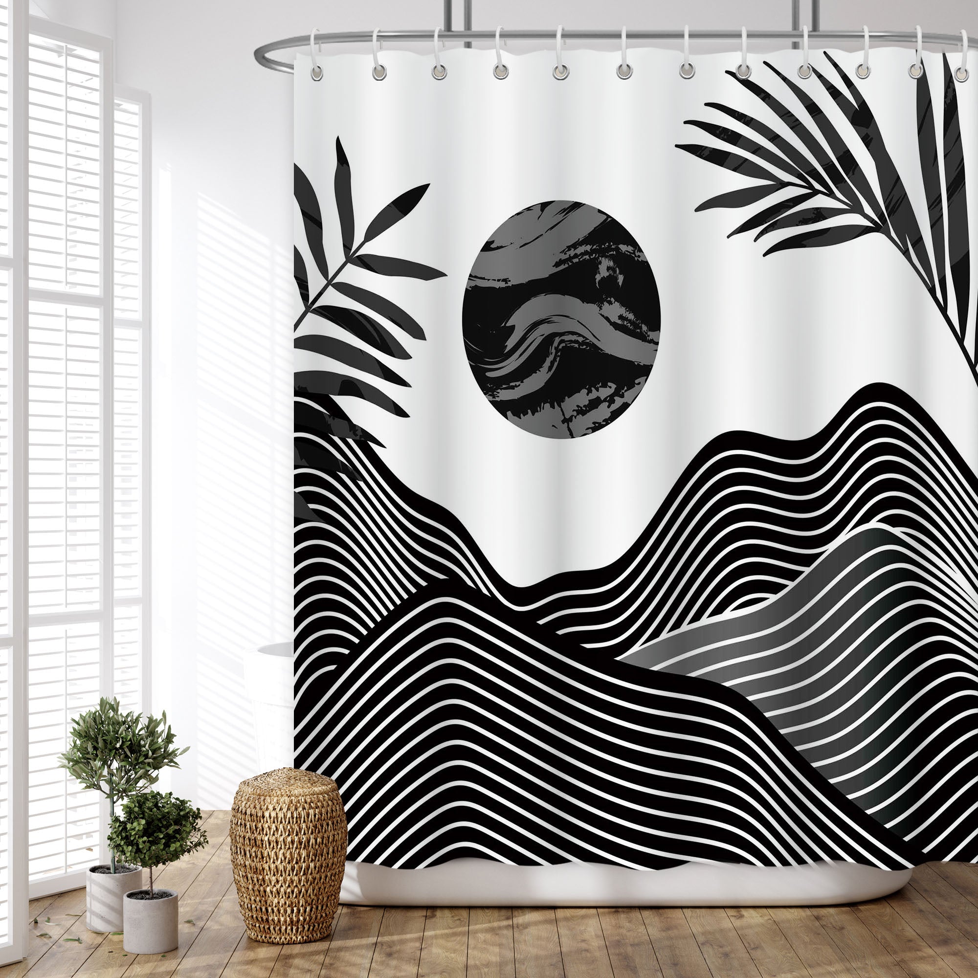 Abstract lines mountain Pattern Shower Curtain Set ,Waterproof and Luxurious Fabric-12 Hooks