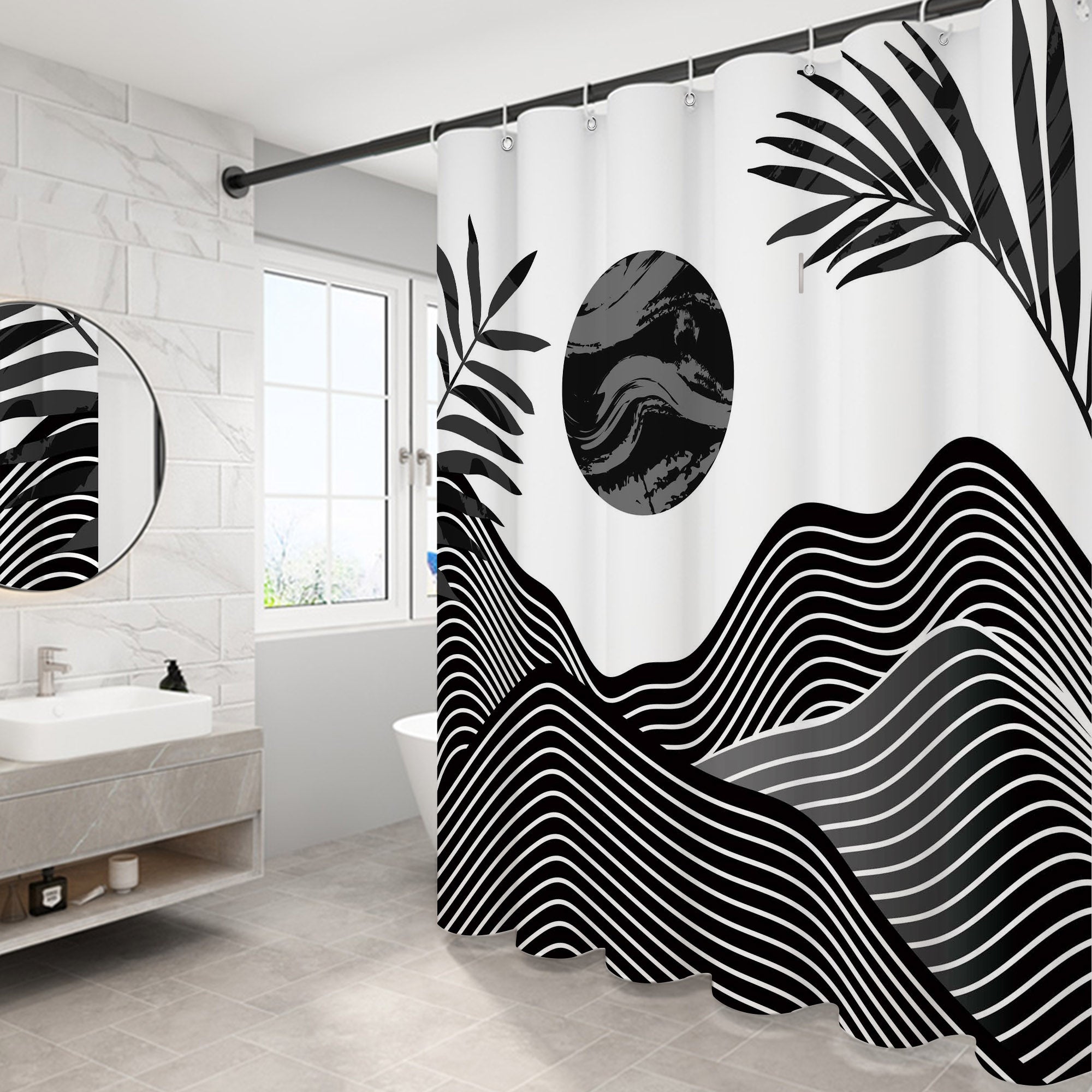 Abstract lines mountain Pattern Shower Curtain Set ,Waterproof and Luxurious Fabric-12 Hooks