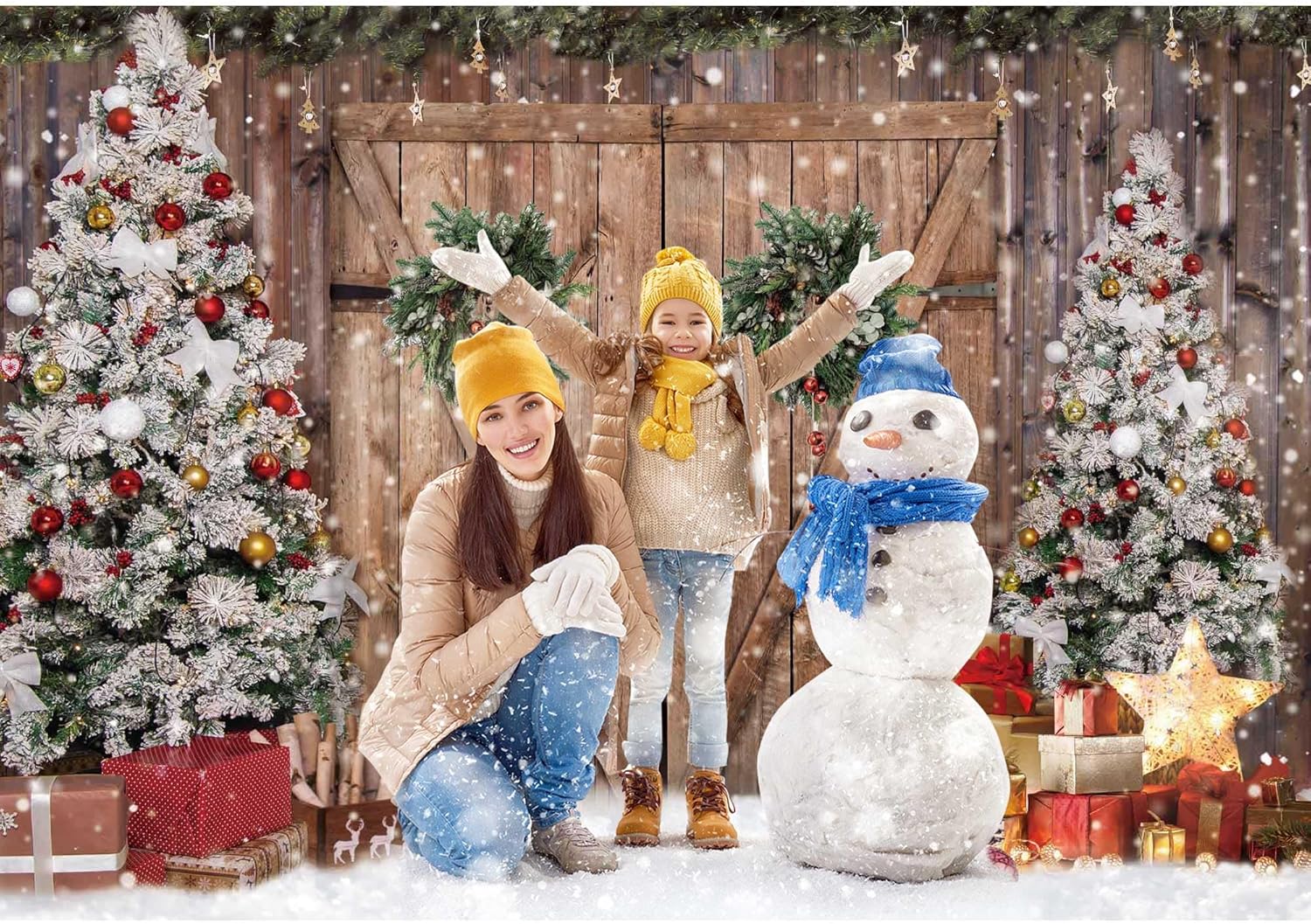 Winter Christmas Wondarland Rustic Wood Door Photography Backdrop for Party Decorations