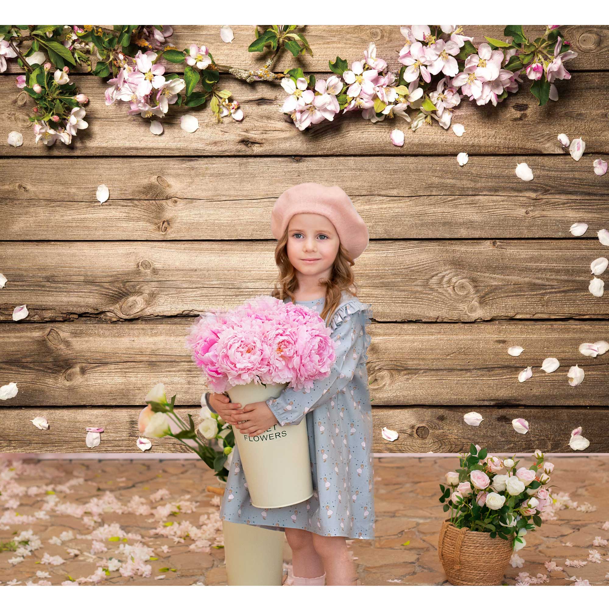 Floral Wooden Plank Wall Photography Backdrop for Spring Themed Parties and Banners