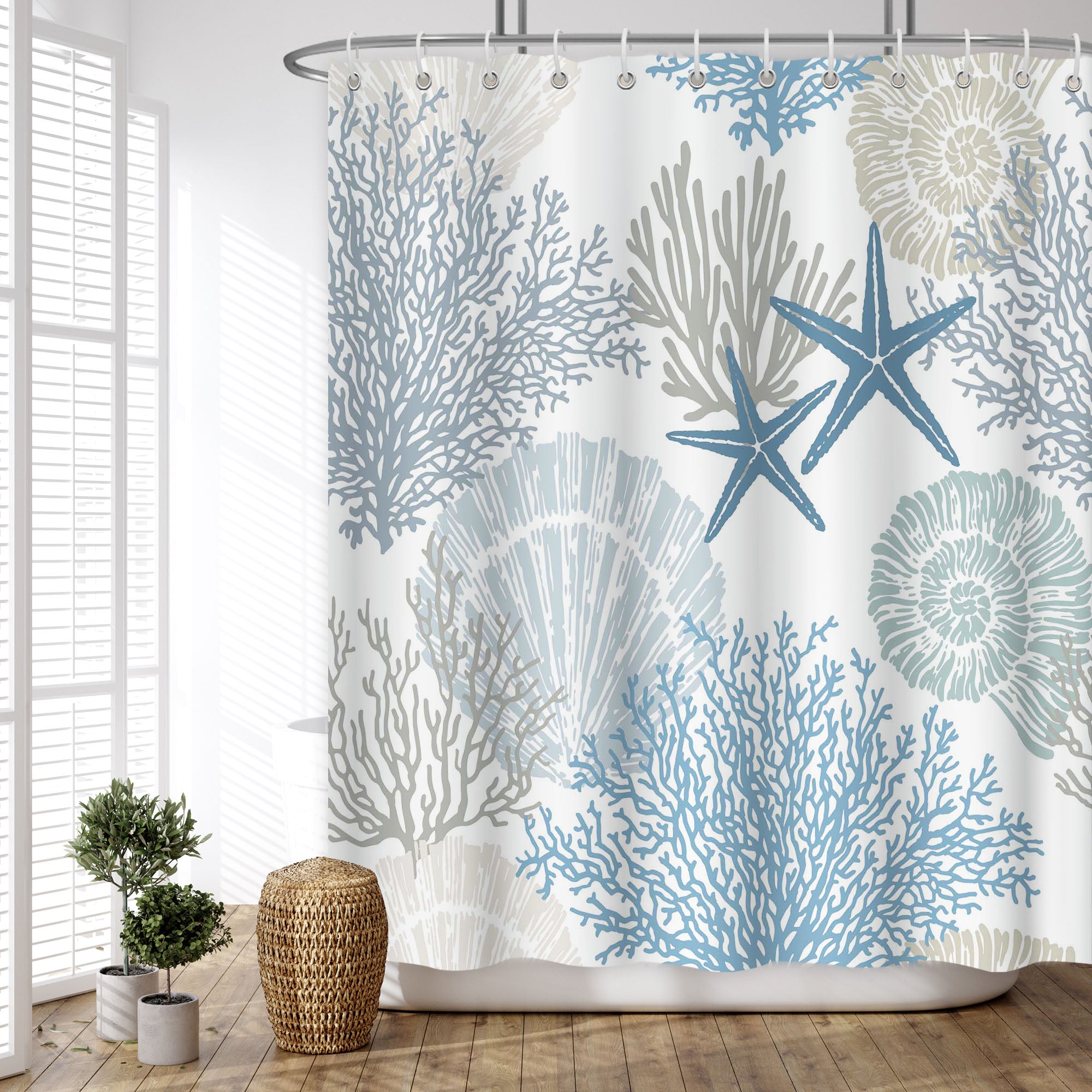 Colorful coral Pattern Shower Curtain Set ,Waterproof and Luxurious Fabric-12 Hooks