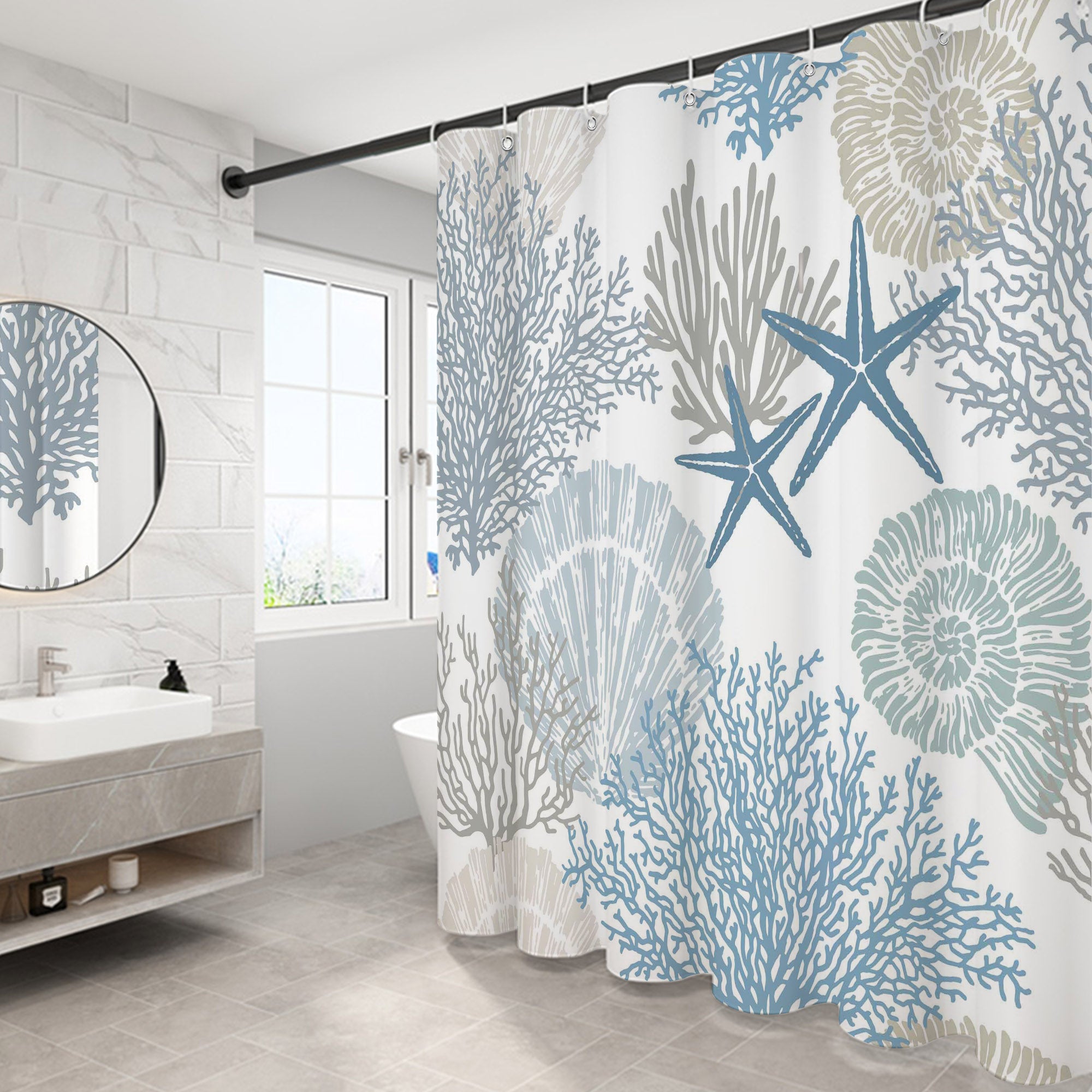 Colorful coral Pattern Shower Curtain Set ,Waterproof and Luxurious Fabric-12 Hooks