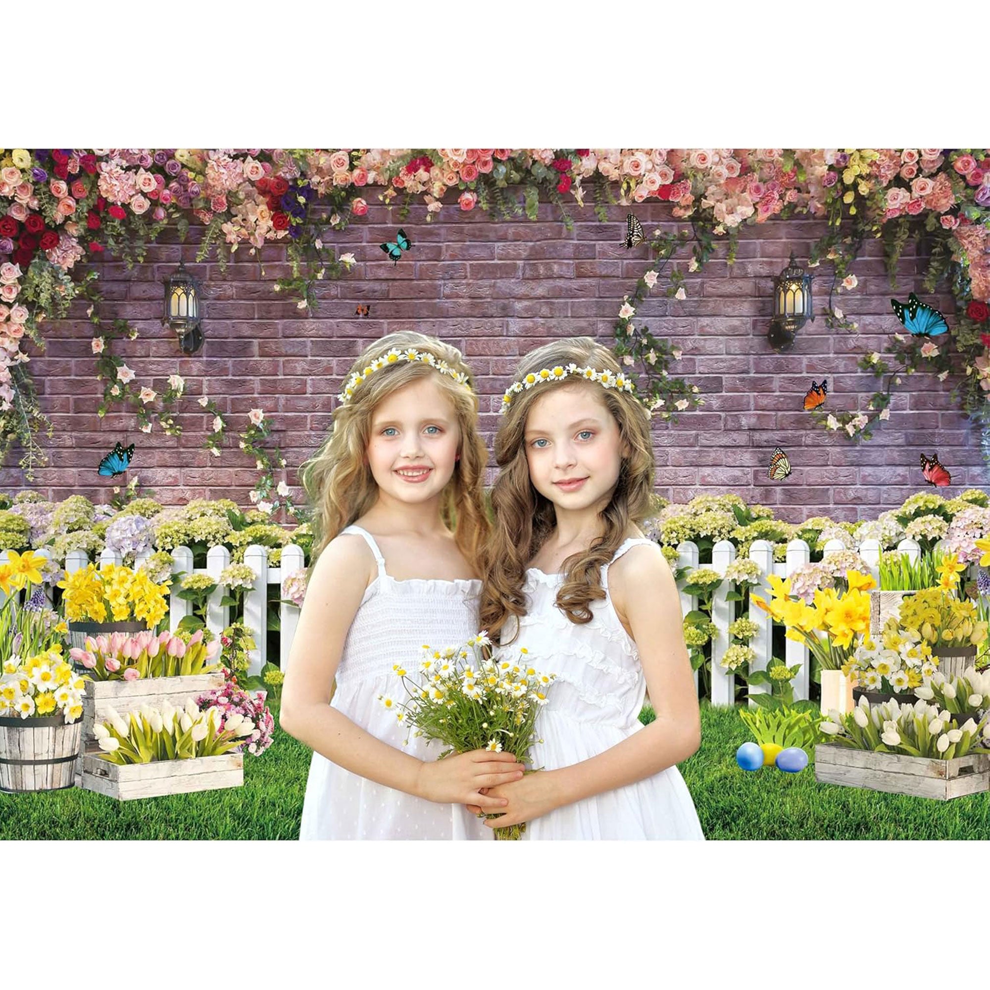 Spring Backdrop for Photography Flower Fence Pink Brick Wall Butterfly Decor Background Newborn Baby Portrait Easter Spring Photo Backdrop Shoot Booth Props