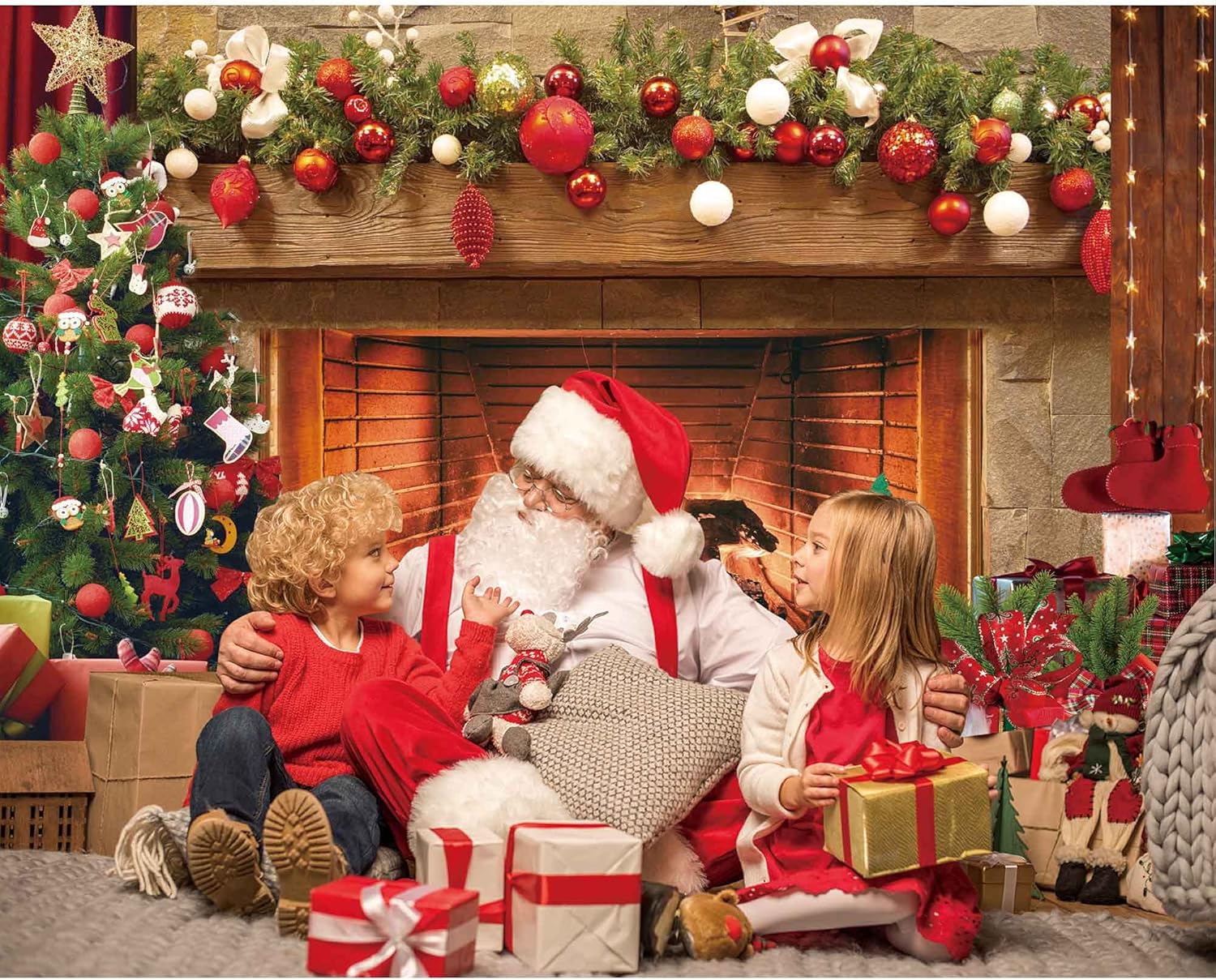 Christmas Fireplace Backdrop Vintage Xmas Tree Background Photography for Party Decorations Photo