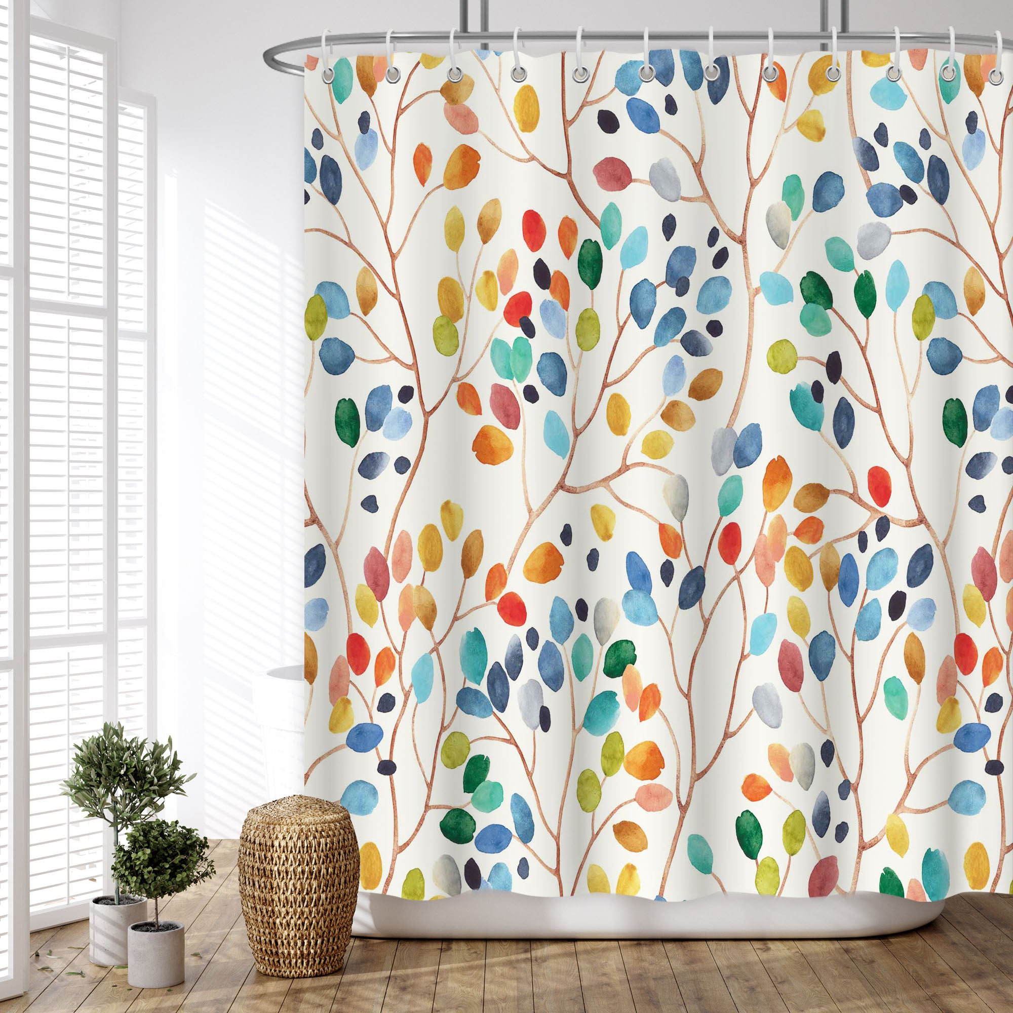 Circular colorful leaves Pattern Shower Curtain Set ,Waterproof and Luxurious Fabric-12 Hooks