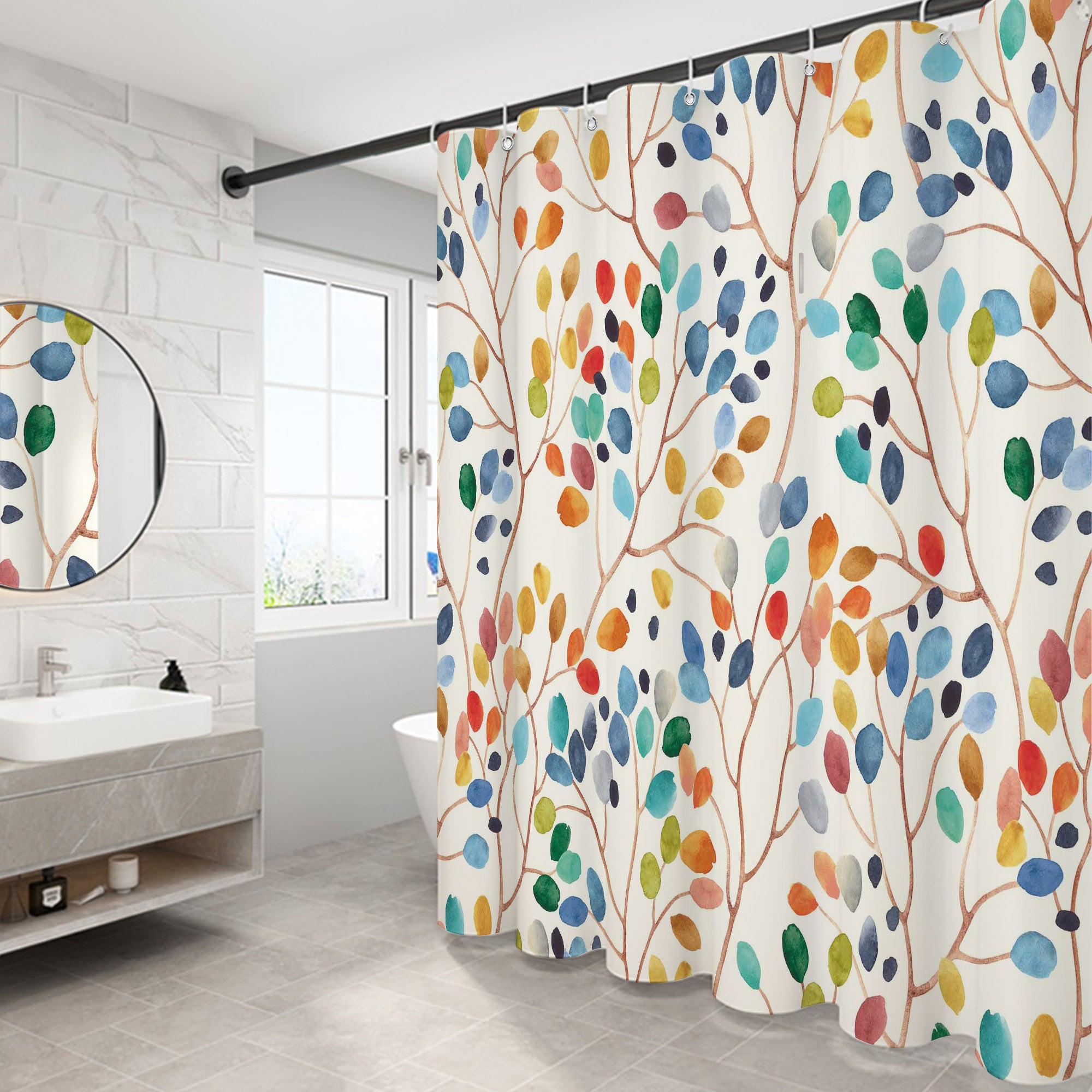 Circular colorful leaves Pattern Shower Curtain Set ,Waterproof and Luxurious Fabric-12 Hooks