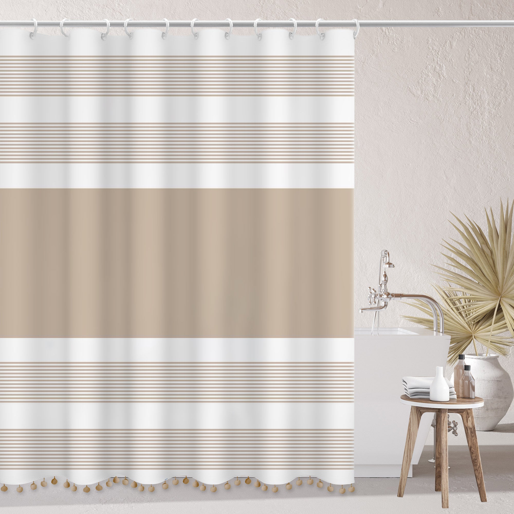 Luxury Fabric Farmhouse Boho Beige Shower Curtain Khaki Shower Curtains with Pompom