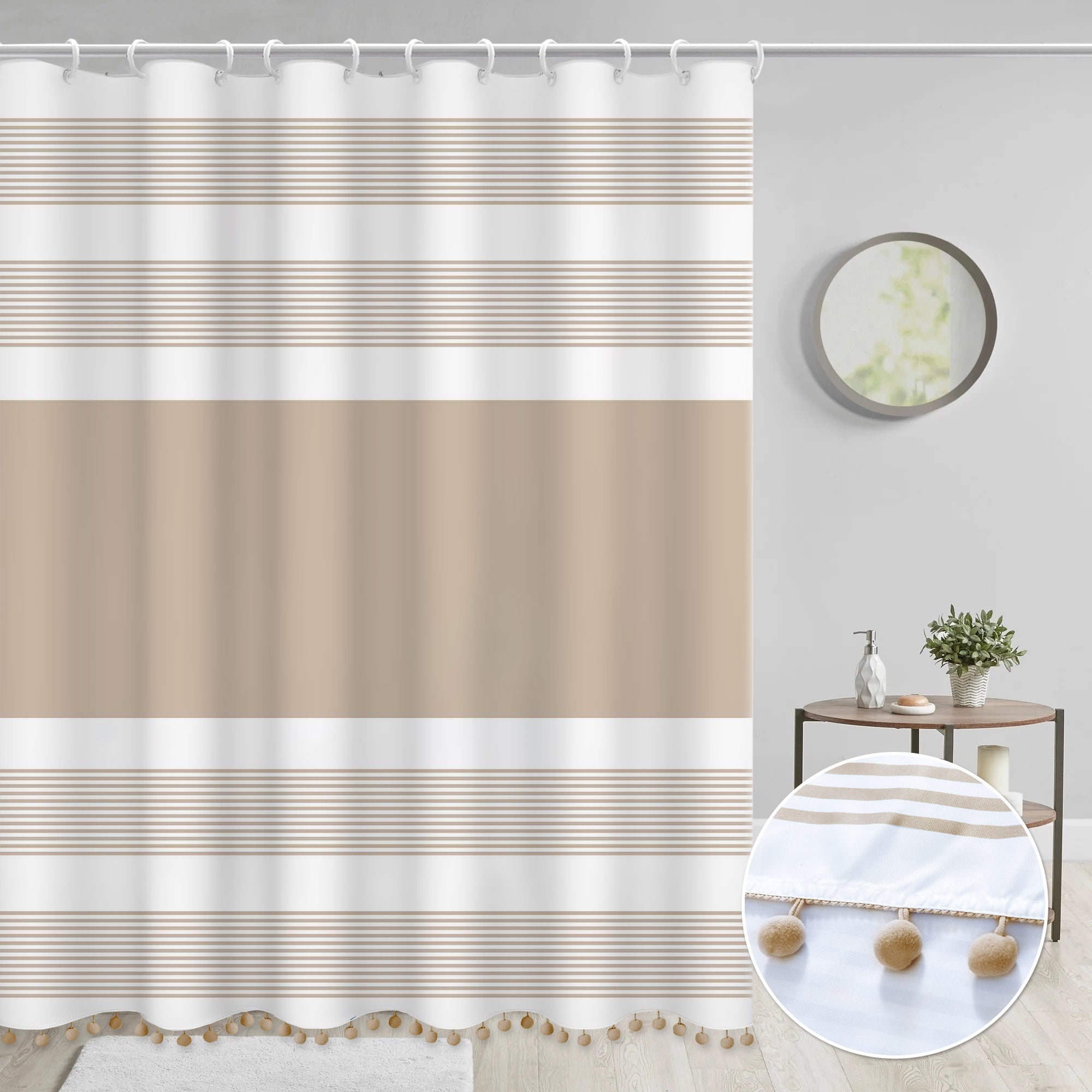 Luxury Fabric Farmhouse Boho Beige Shower Curtain Khaki Shower Curtains with Pompom