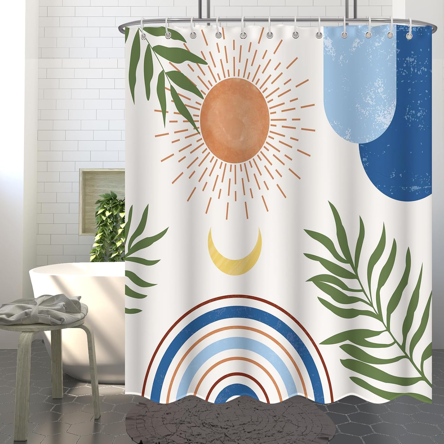 Blue and Beige Boho Shower Curtain Set,Arch Sun Design,Minimalistic Leaves Pattern,Waterproof and Luxurious Fabric-12 Hooks