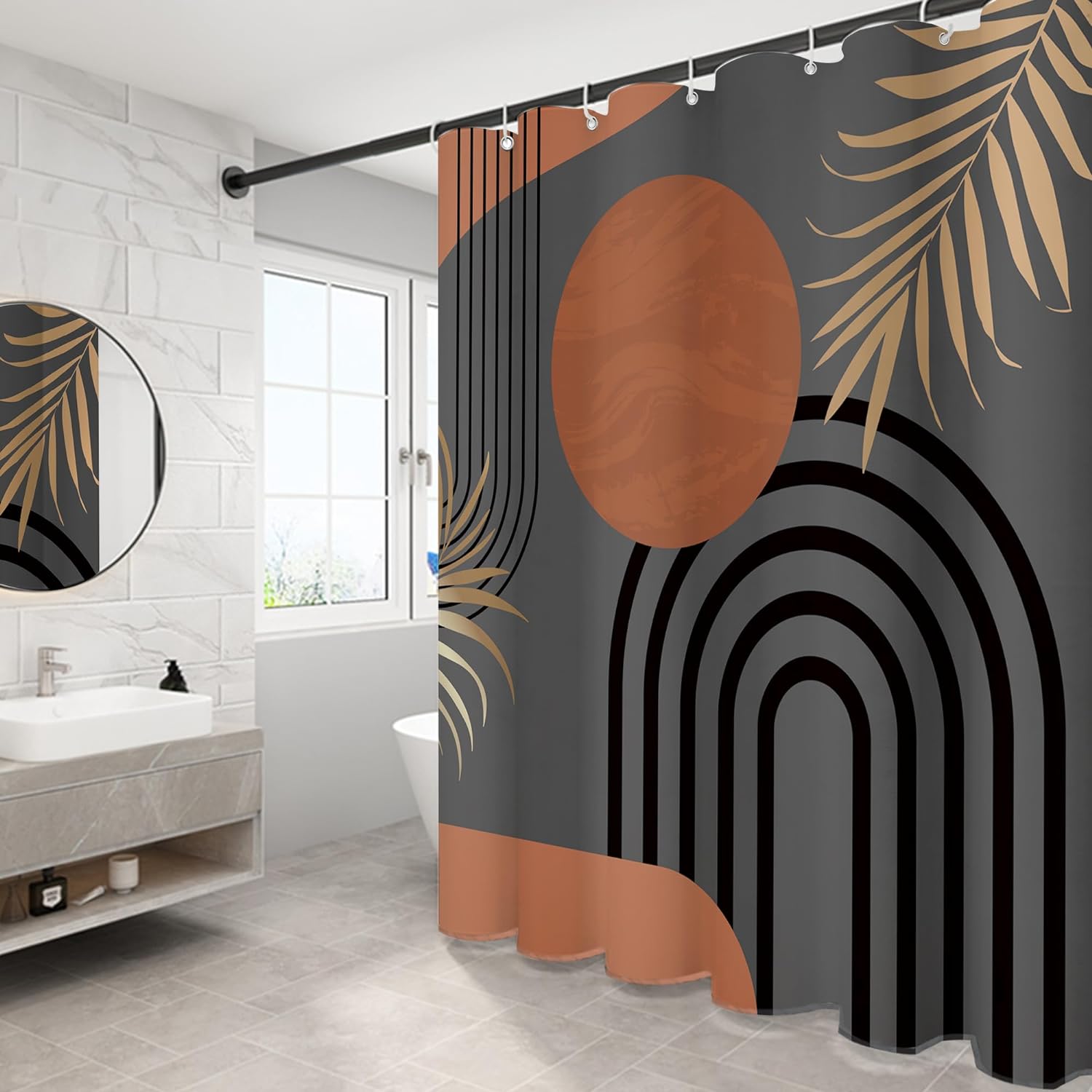 Brown Abstract Boho Mid Century Leaf Shower Curtain,Arch Sun Design, Minimalistic Leaves Pattern,Waterproof and Luxurious BrownFabric-12 Hooks