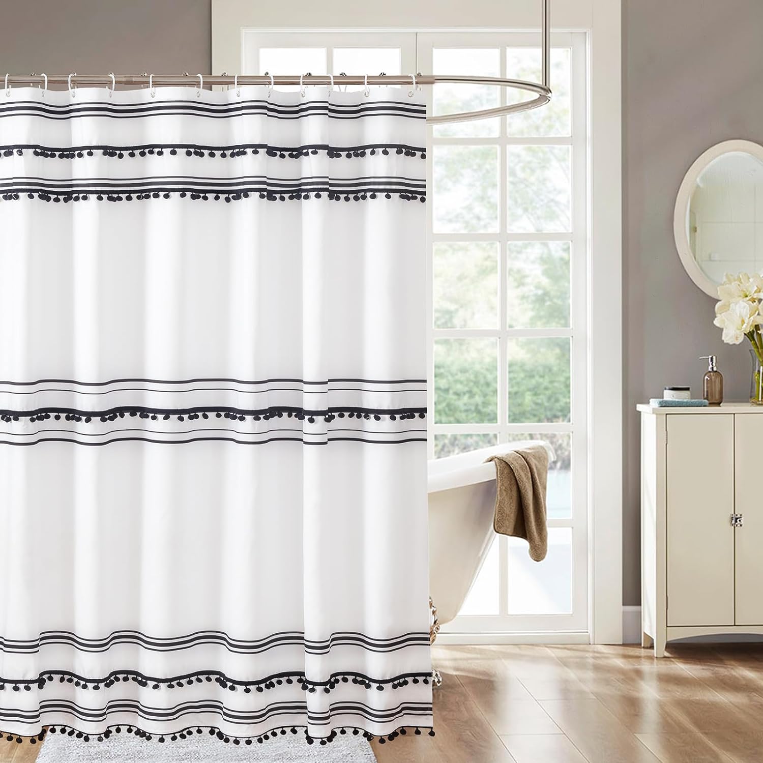 Black and White Fabric Shower Curtain Sets with Boho Tassel Pendants