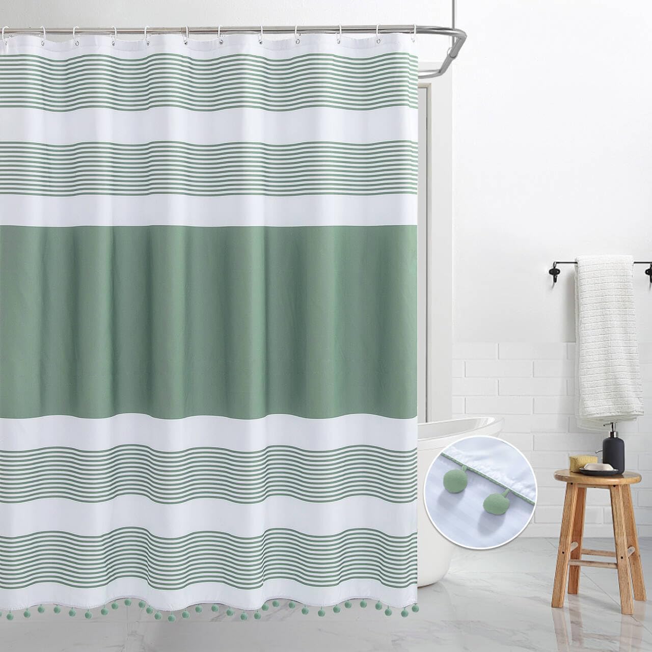 Luxury Fabric Farmhouse Sage Green Shower Curtain Green and White with Pompom Boho Modern Classics Striped Curtains with 12 Hooks Washable for Bathroom