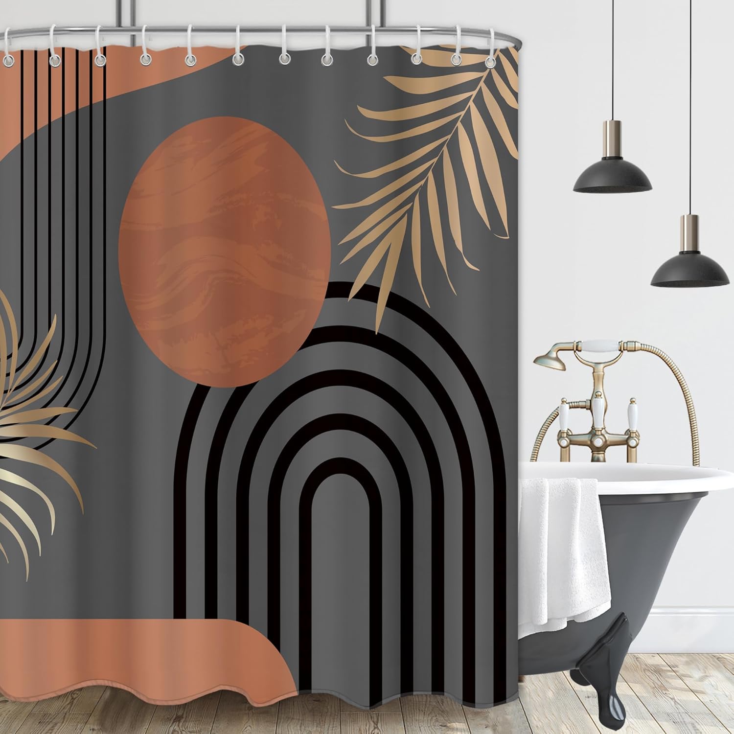 Brown Abstract Boho Mid Century Leaf Shower Curtain,Arch Sun Design, Minimalistic Leaves Pattern,Waterproof and Luxurious BrownFabric-12 Hooks